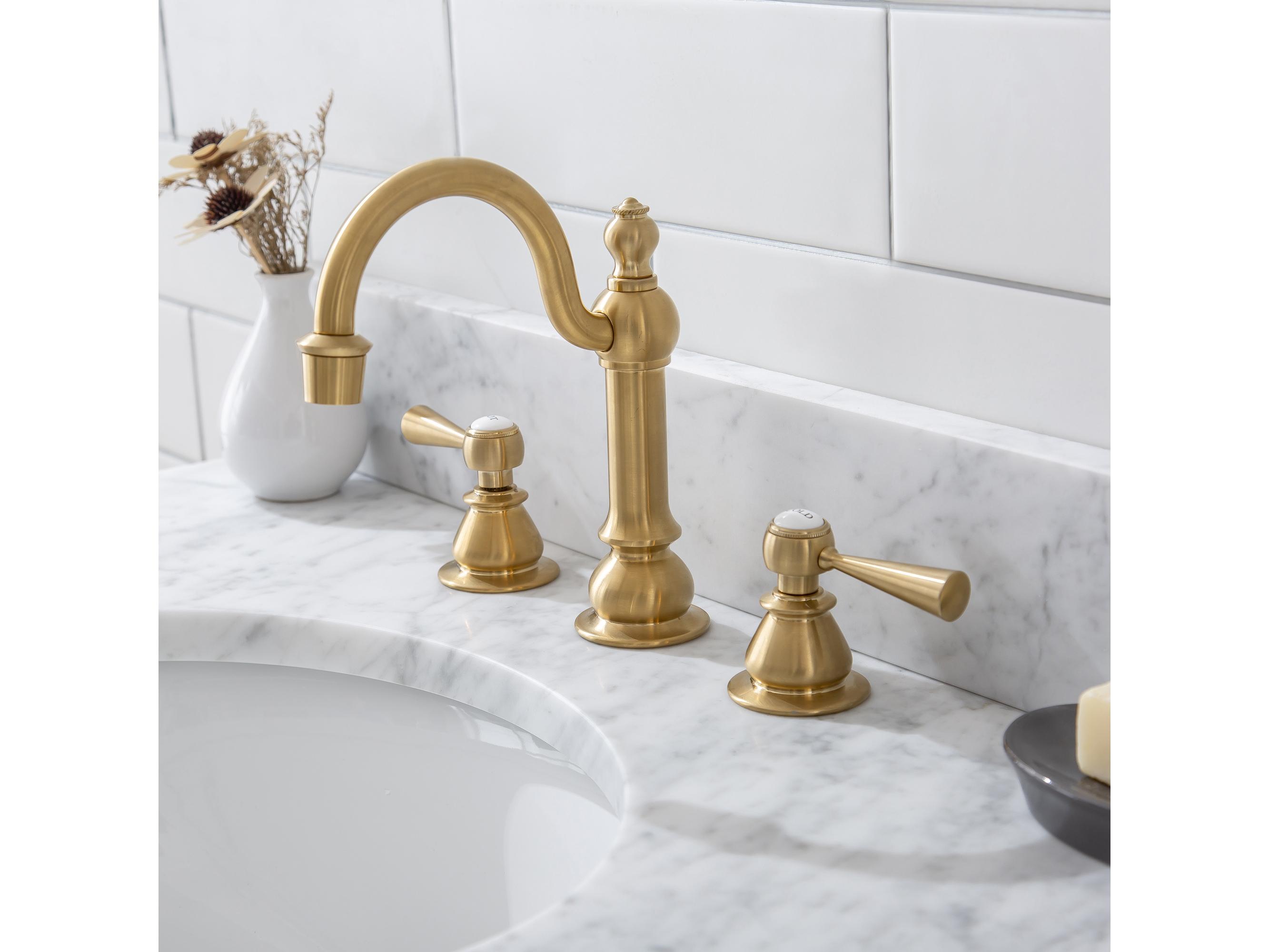 Water Creation Embassy Single Wash Stand, P-Trap, Carrara White Marble Countertop with Oval Basin, and Hook Faucet in Satin Gold Finish