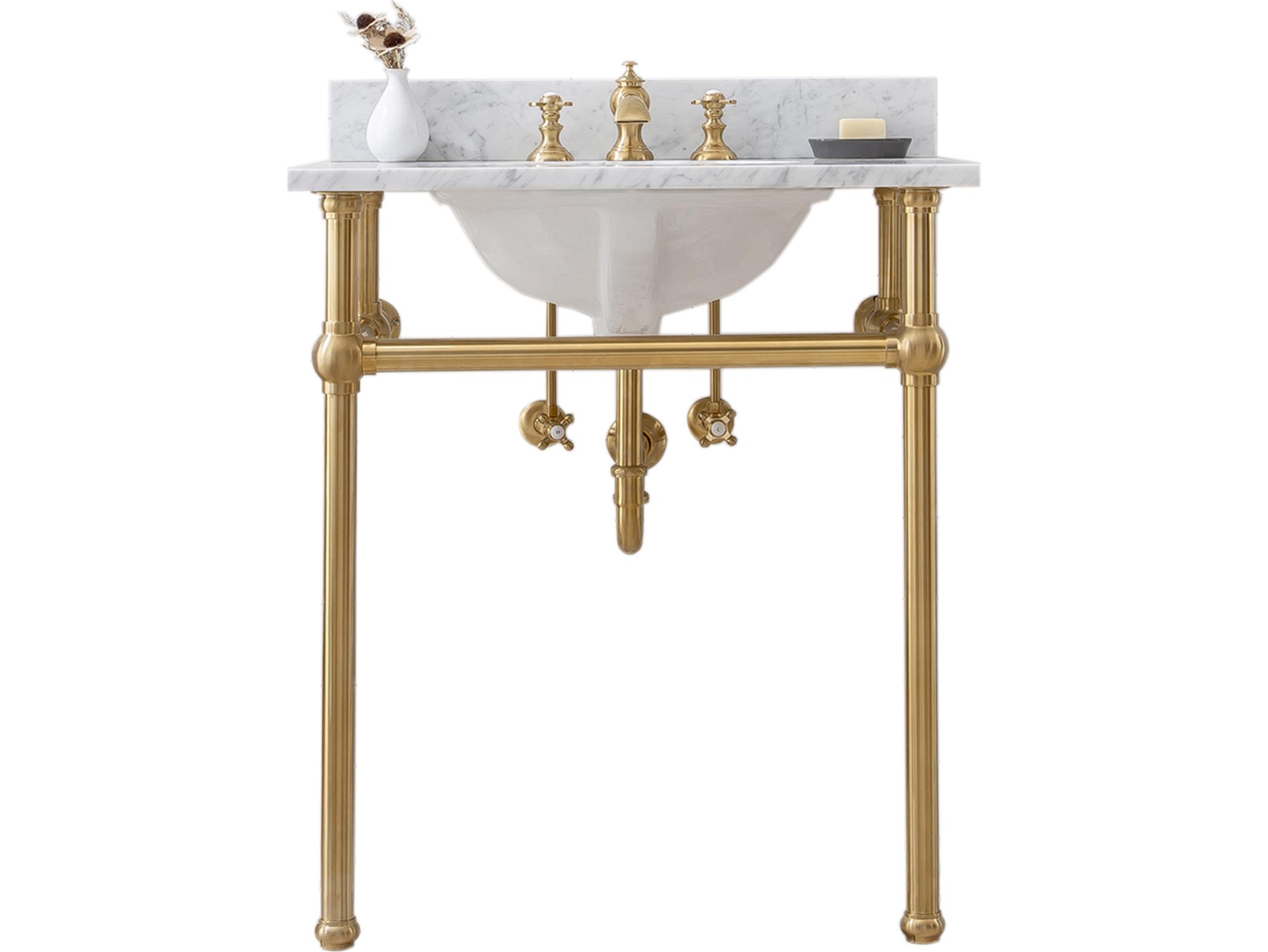 Water Creation Embassy Single Wash Stand, P-Trap, Carrara White Marble Countertop with Oval Basin, and Waterfall Faucet in Satin Gold Finish