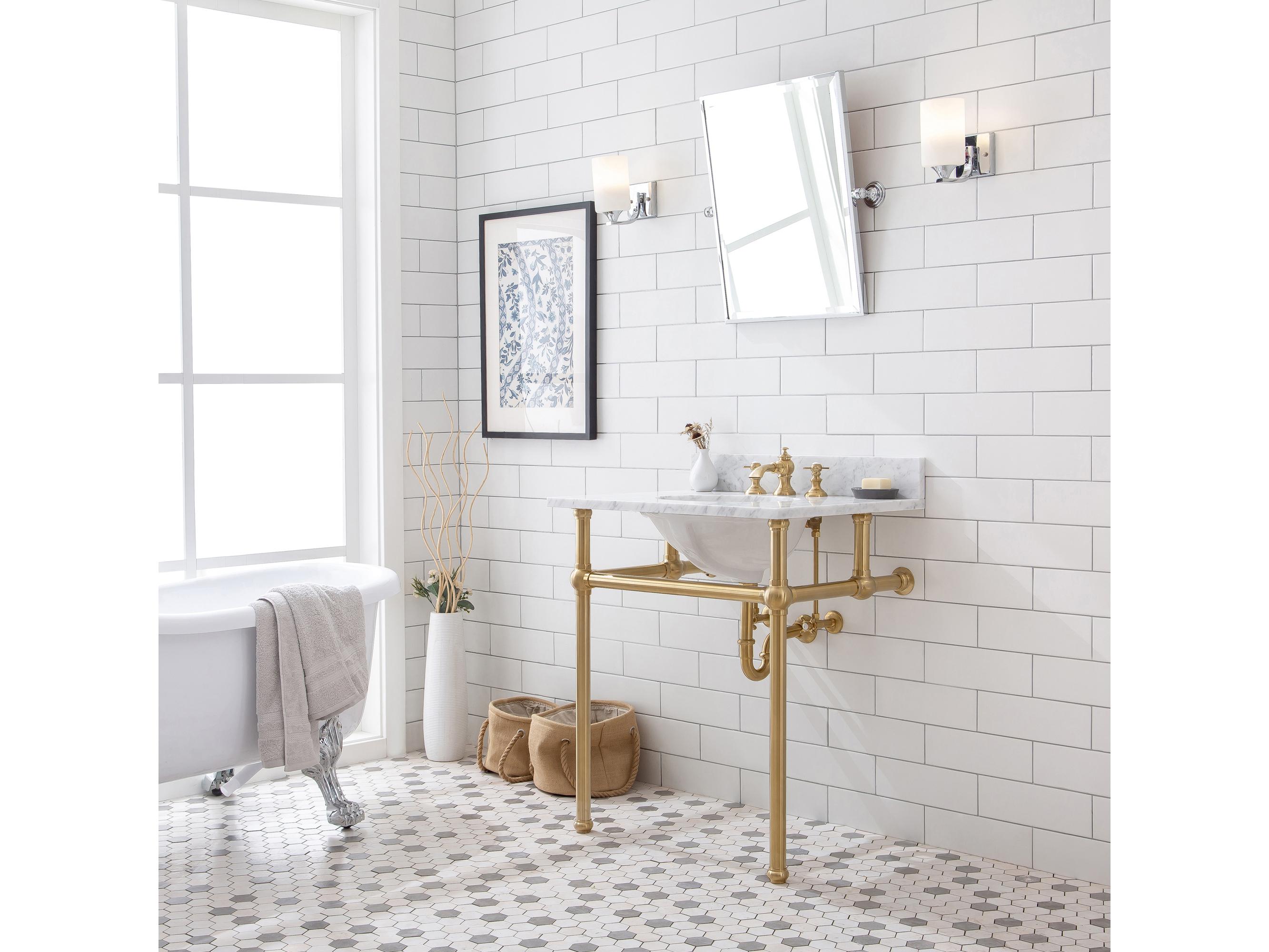 Water Creation Embassy Single Wash Stand, P-Trap, Carrara White Marble Countertop with Oval Basin, and Waterfall Faucet in Satin Gold Finish