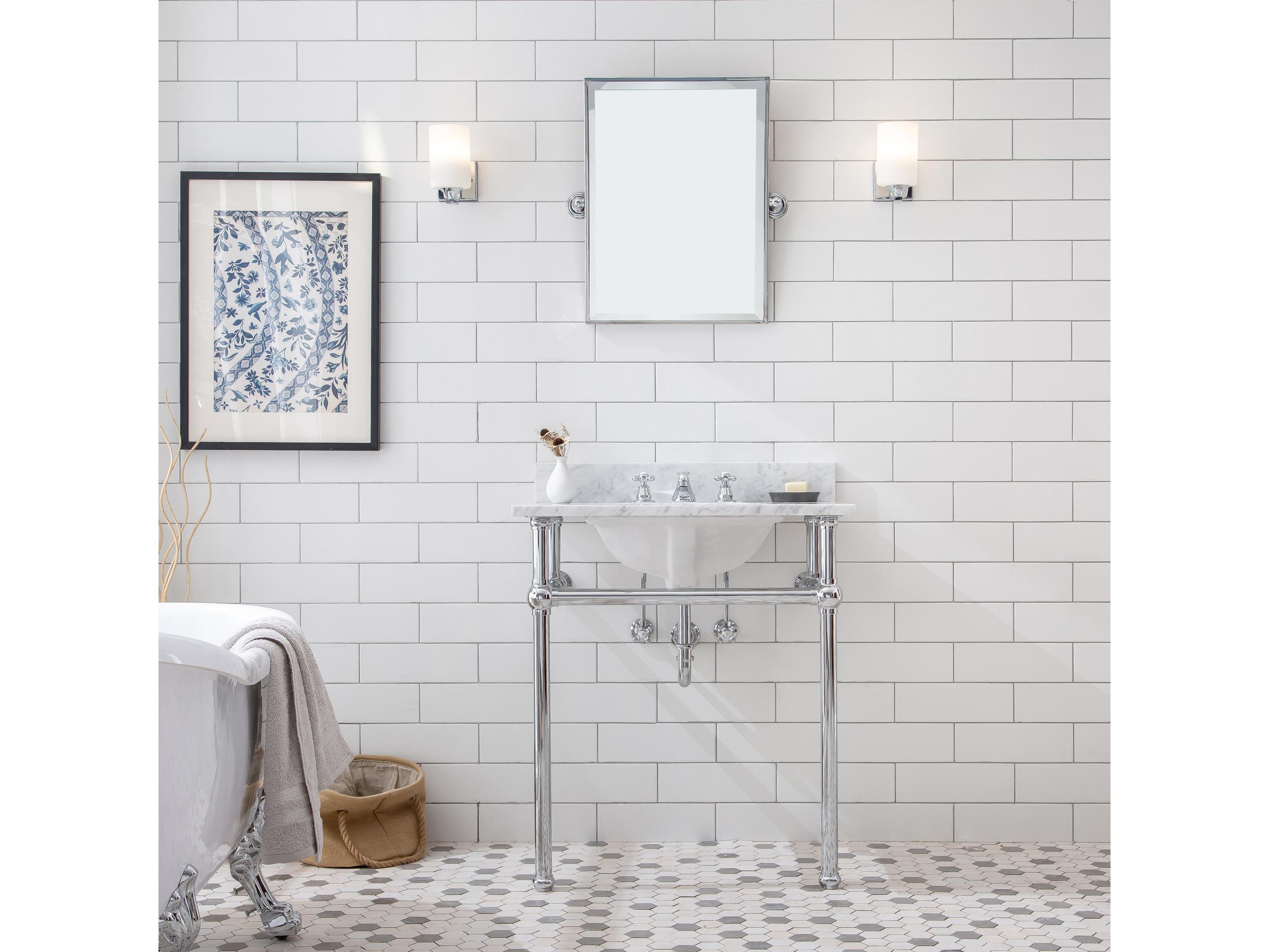 Water Creation Embassy Single Wash Stand, P-Trap, Carrara White Marble Countertop with Oval Basin, Classic Faucet and Rectangular Mirror in Chrome Finish