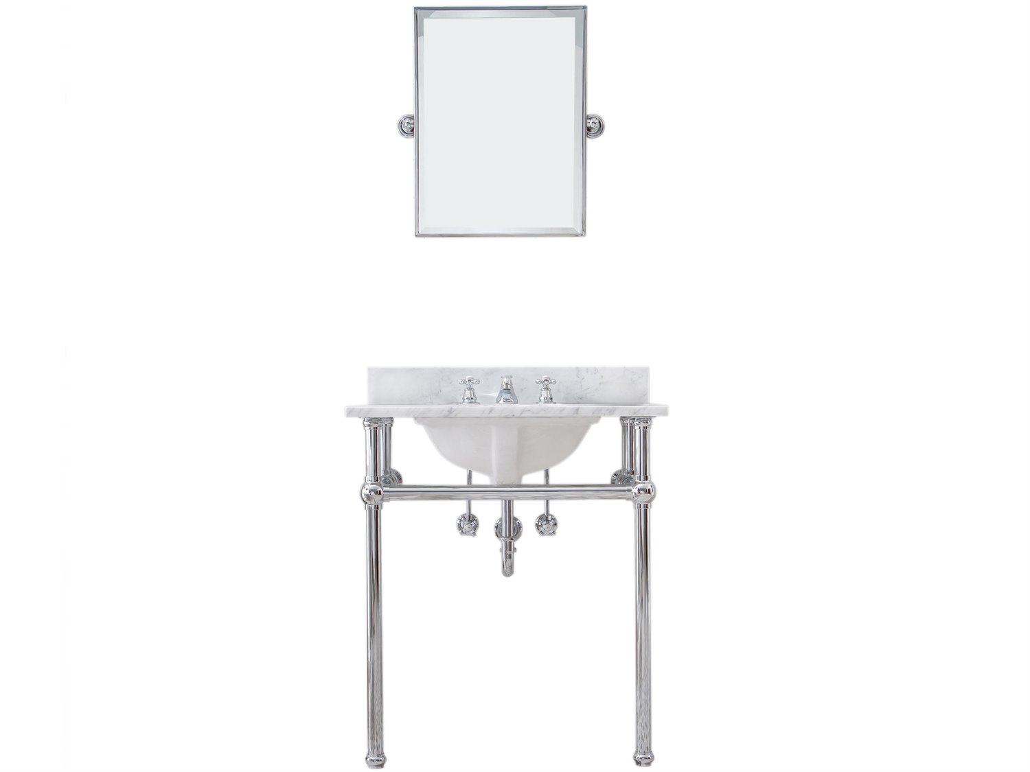 Water Creation Embassy Single Wash Stand, P-Trap, Carrara White Marble Countertop with Oval Basin, Classic Faucet and Rectangular Mirror in Chrome Finish