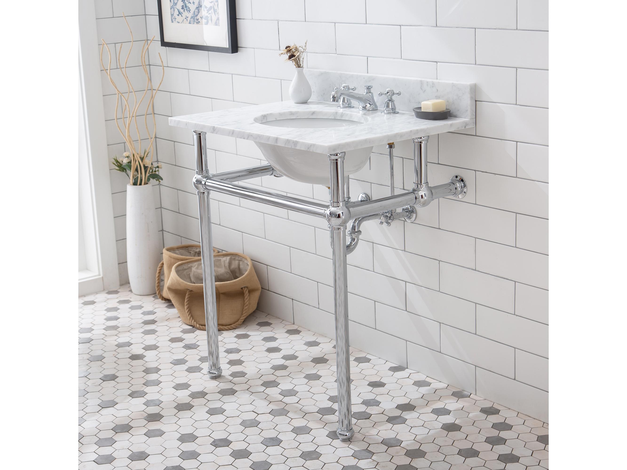 Water Creation Embassy Single Wash Stand, P-Trap, Carrara White Marble Countertop with Oval Basin, Classic Faucet and Rectangular Mirror in Chrome Finish