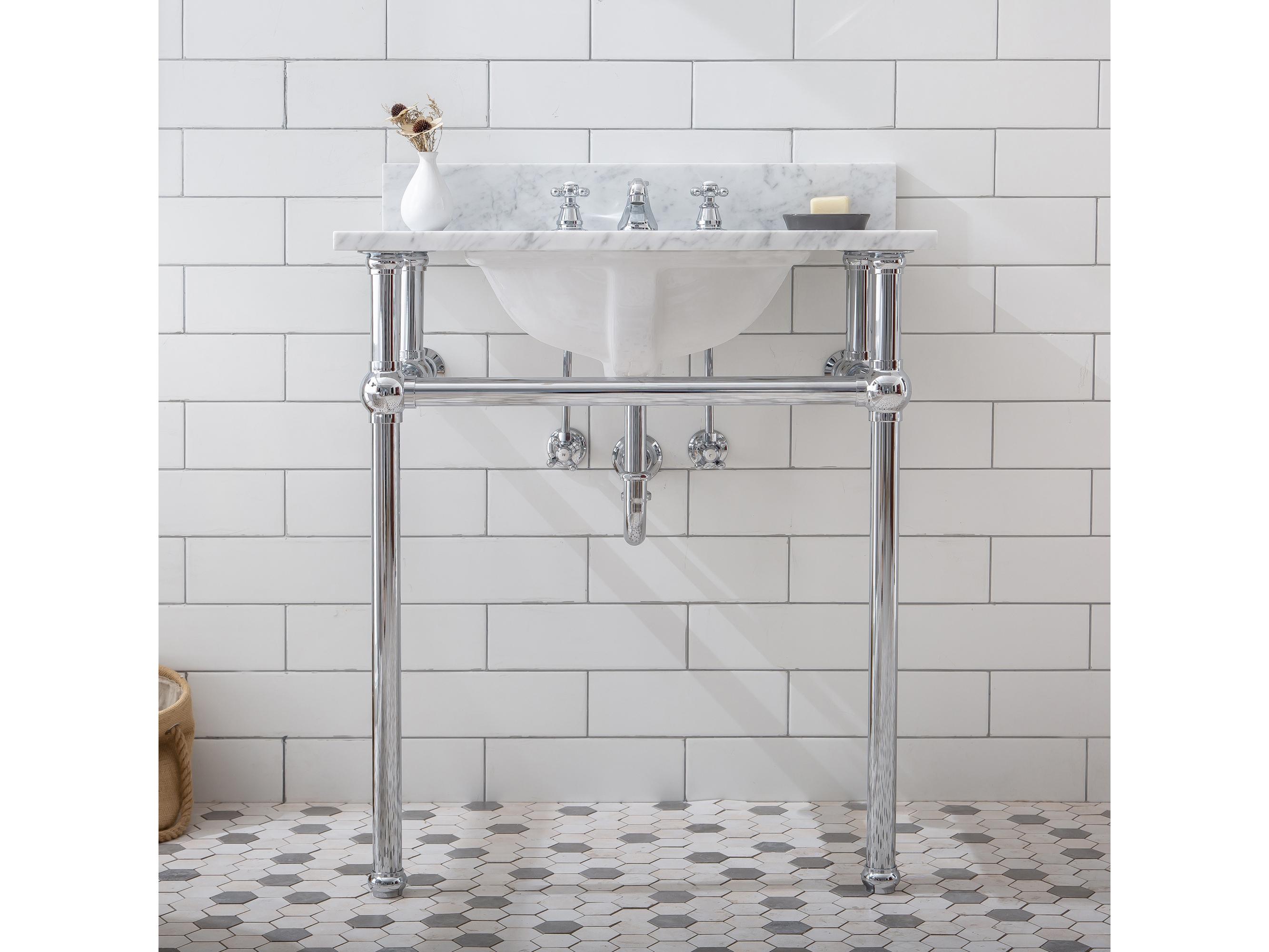 Water Creation Embassy Single Wash Stand, P-Trap, Carrara White Marble Countertop with Oval Basin, Classic Faucet and Rectangular Mirror in Chrome Finish