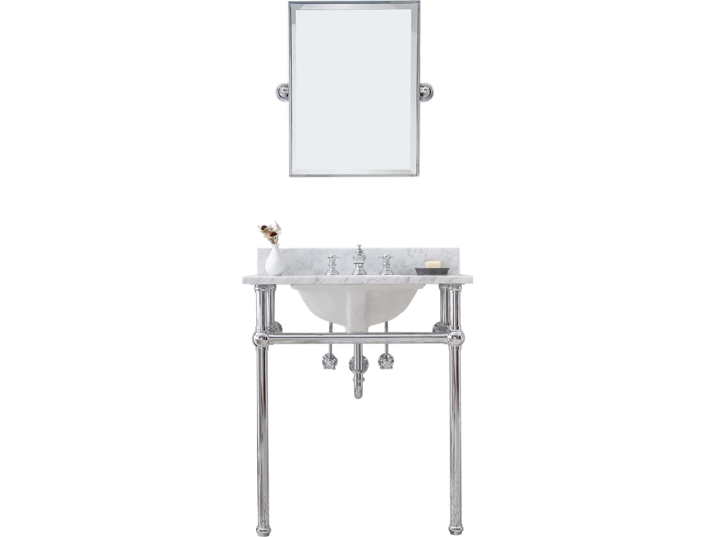 Water Creation Embassy Single Wash Stand, P-Trap, Carrara White Marble Countertop with Oval Basin, Waterfall Faucet and Rectangular Mirror in Chrome Finish