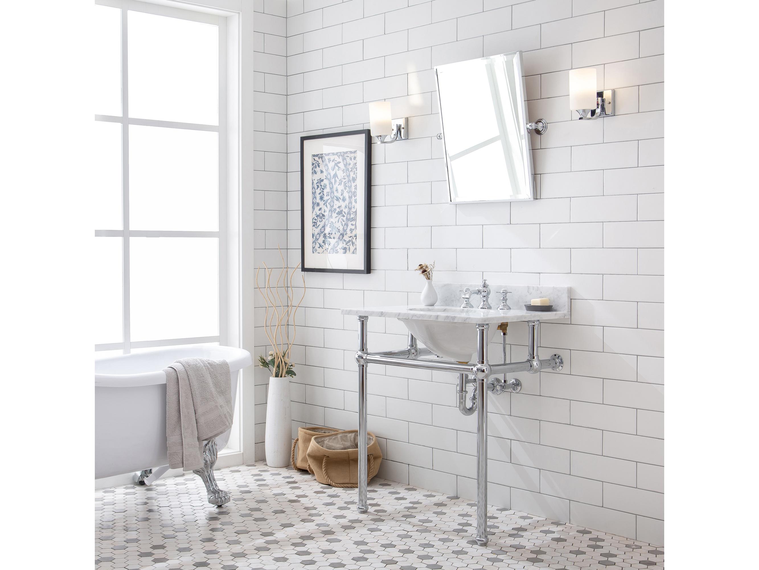 Water Creation Embassy Single Wash Stand, P-Trap, Carrara White Marble Countertop with Oval Basin, Waterfall Faucet and Rectangular Mirror in Chrome Finish