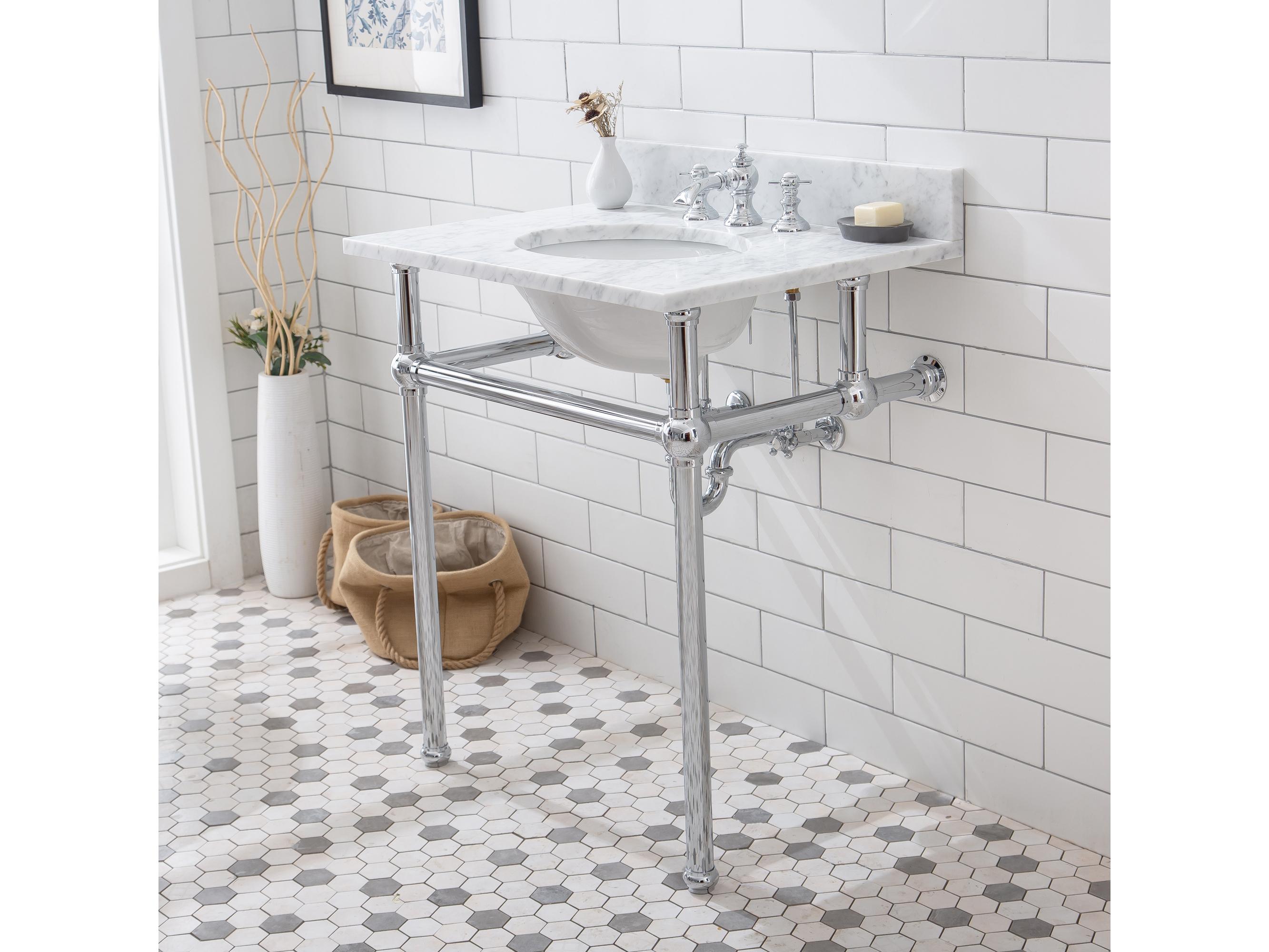Water Creation Embassy Single Wash Stand, P-Trap, Carrara White Marble Countertop with Oval Basin, Waterfall Faucet and Rectangular Mirror in Chrome Finish