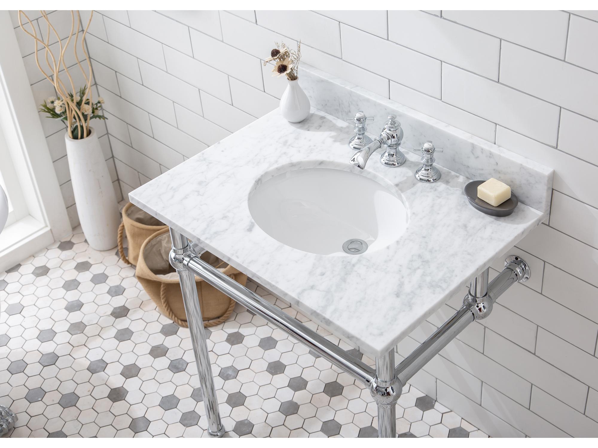 Water Creation Embassy Single Wash Stand, P-Trap, Carrara White Marble Countertop with Oval Basin, Waterfall Faucet and Rectangular Mirror in Chrome Finish