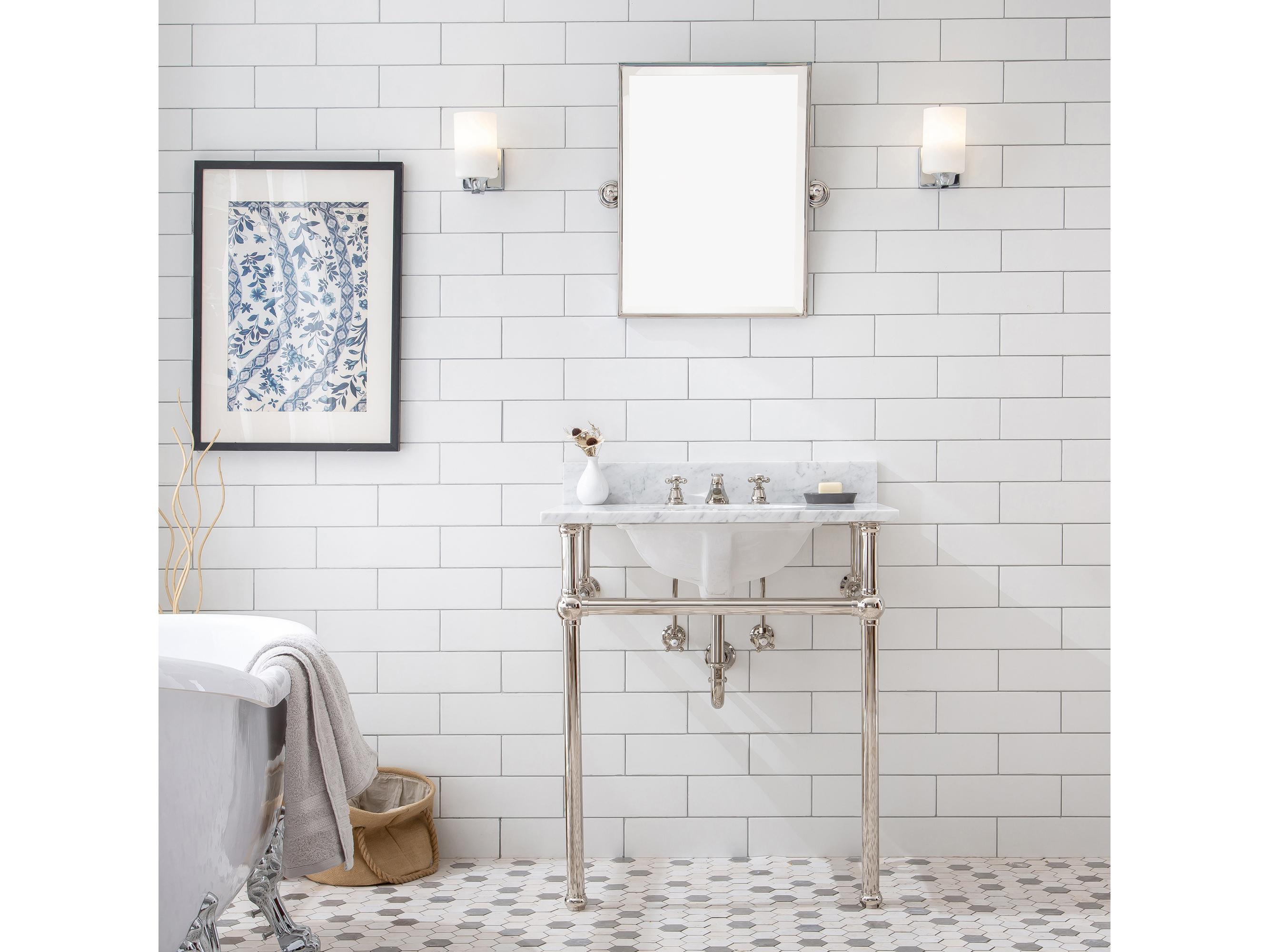 Water Creation Embassy  Single Wash Stand, P-Trap, Carrara White Marble Countertop with Oval Basin, Classic Faucet and Rectangular Pivot Mirror in Polished Nickel (PVD) Finish