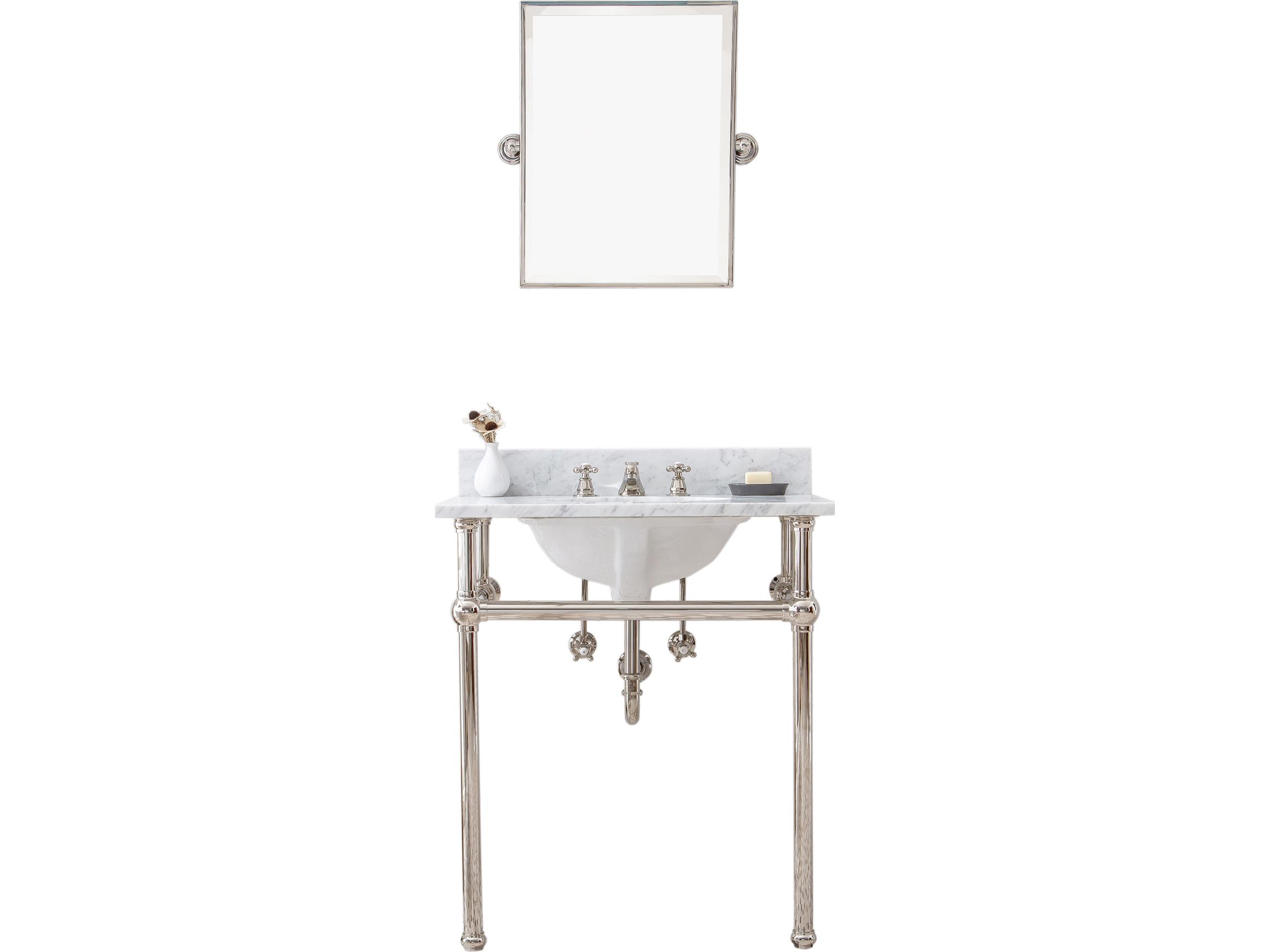 Water Creation Embassy  Single Wash Stand, P-Trap, Carrara White Marble Countertop with Oval Basin, Classic Faucet and Rectangular Pivot Mirror in Polished Nickel (PVD) Finish