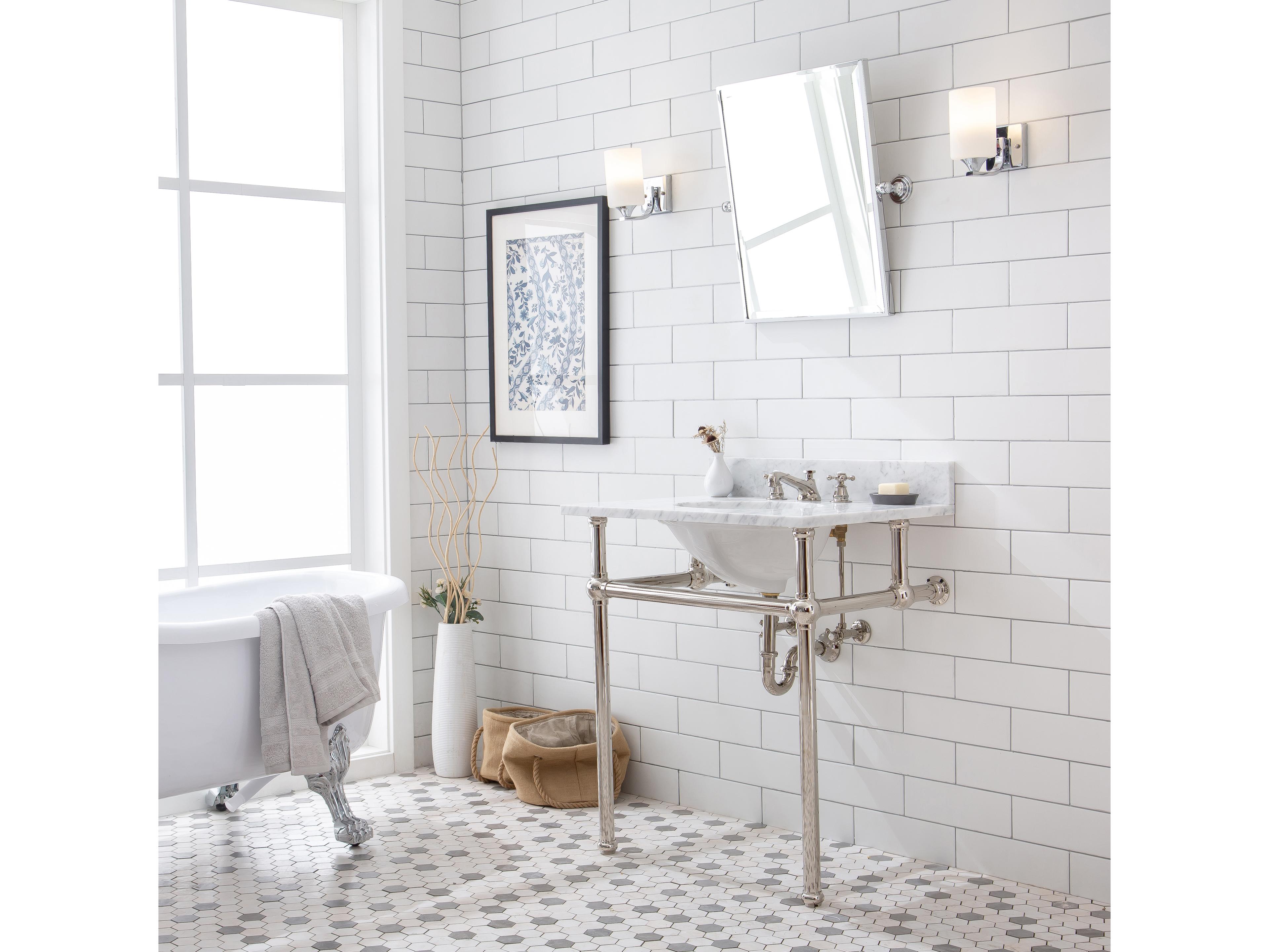 Water Creation Embassy  Single Wash Stand, P-Trap, Carrara White Marble Countertop with Oval Basin, Classic Faucet and Rectangular Pivot Mirror in Polished Nickel (PVD) Finish