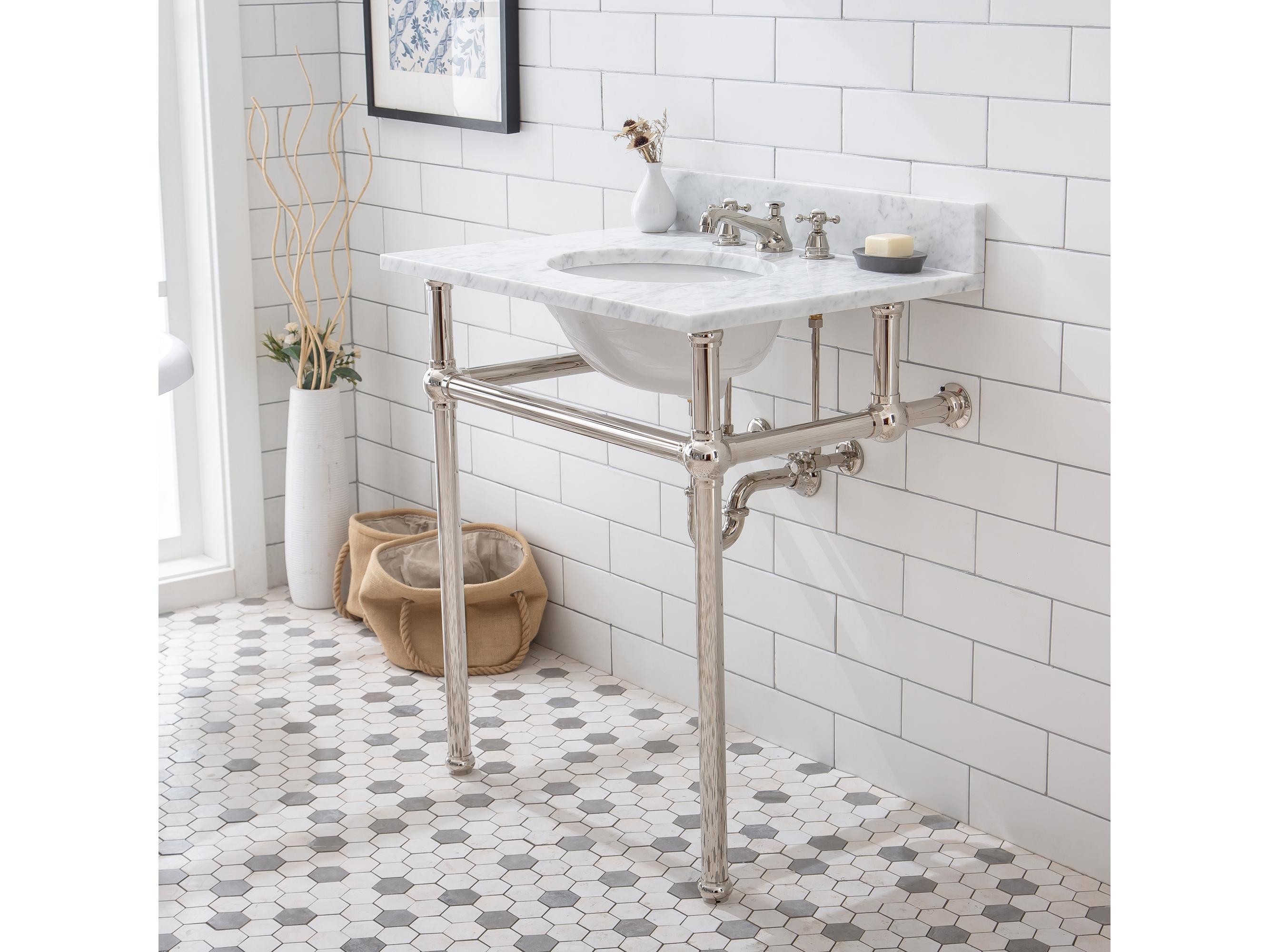 Water Creation Embassy  Single Wash Stand, P-Trap, Carrara White Marble Countertop with Oval Basin, Classic Faucet and Rectangular Pivot Mirror in Polished Nickel (PVD) Finish