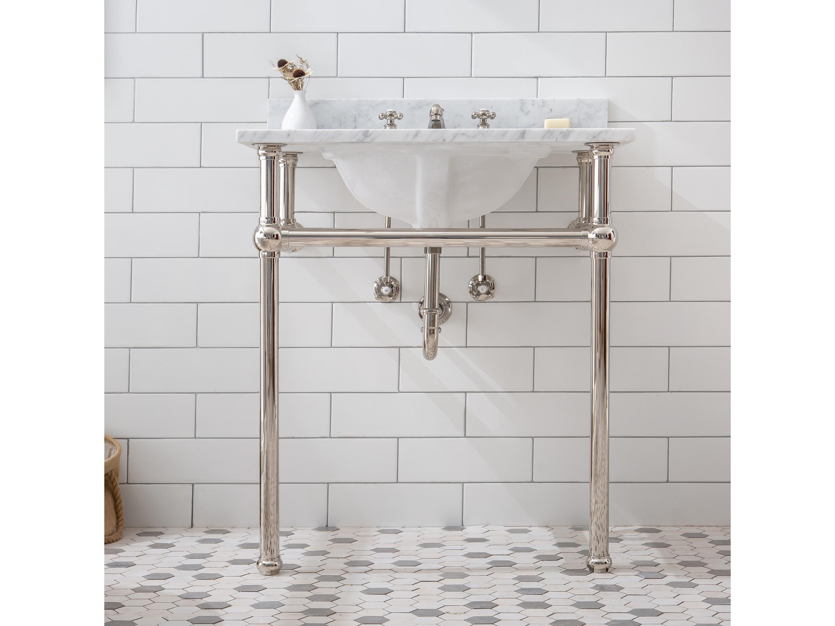 Water Creation Embassy  Single Wash Stand, P-Trap, Carrara White Marble Countertop with Oval Basin, Classic Faucet and Rectangular Pivot Mirror in Polished Nickel (PVD) Finish