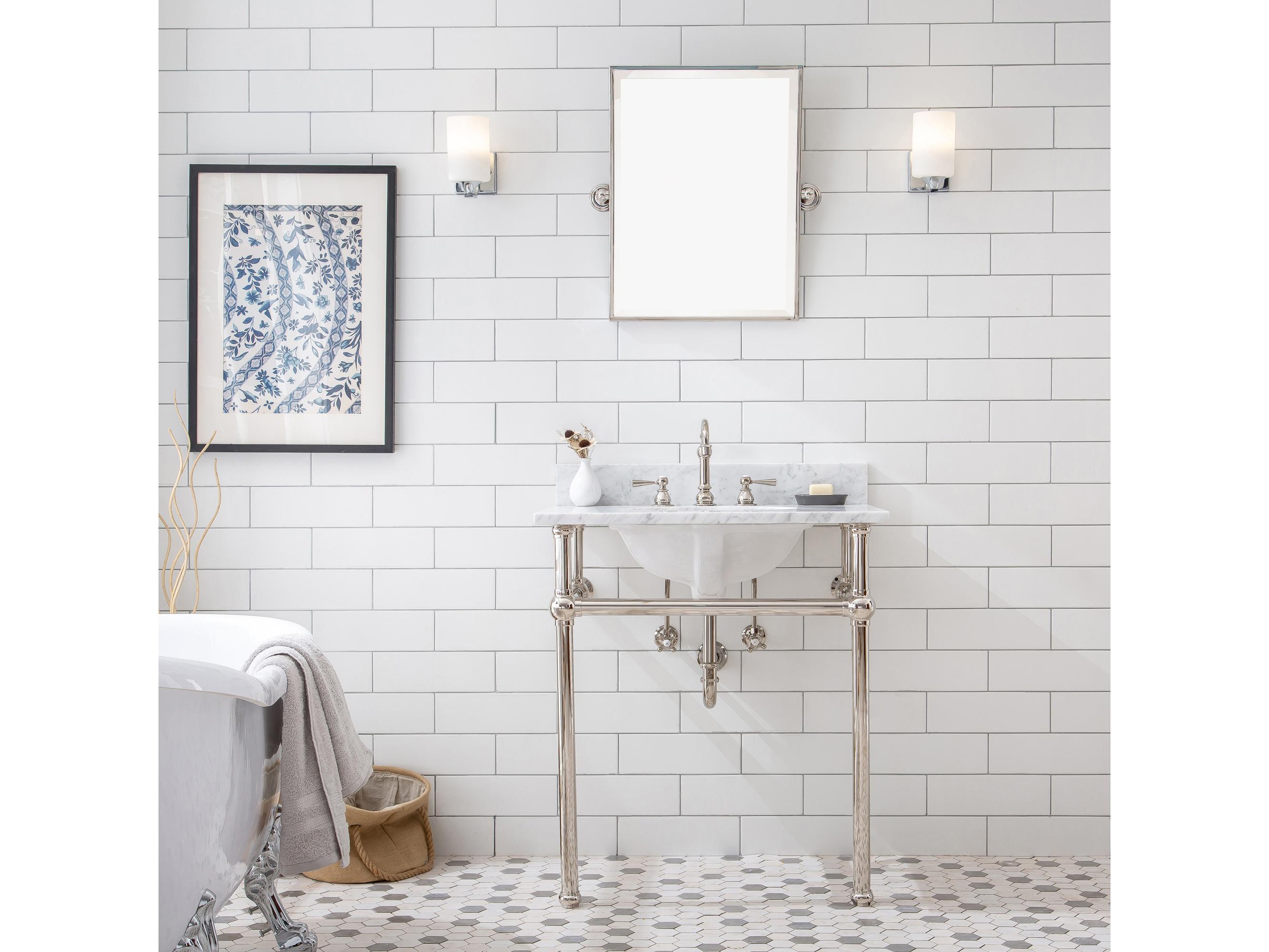 Water Creation Embassy Single Wash Stand, P-Trap, Carrara White Marble Countertop with Oval Basin, Hook Faucet and Rectangular Mirror in Polished Nickel Finish