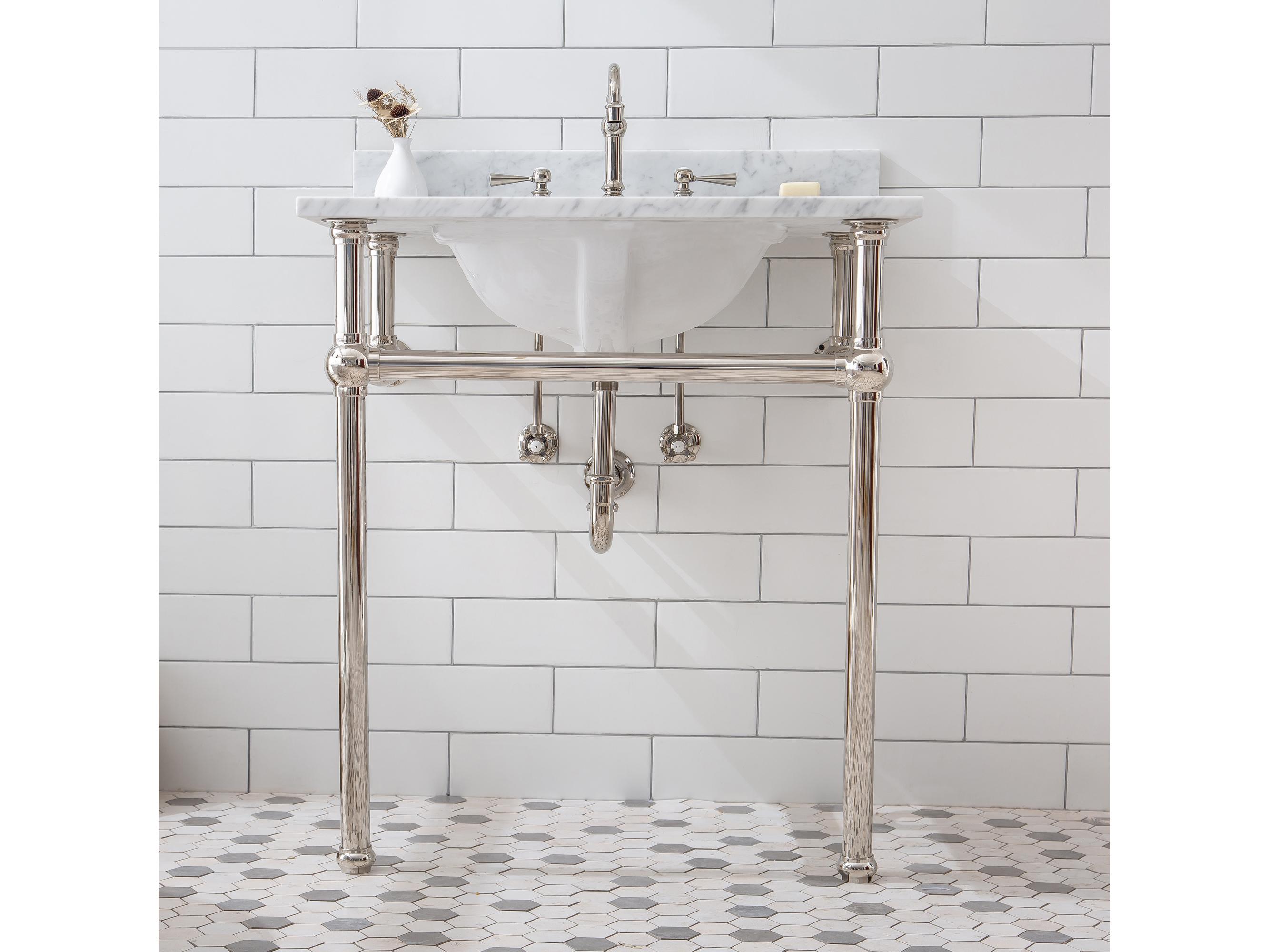 Water Creation Embassy Single Wash Stand, P-Trap, Carrara White Marble Countertop with Oval Basin, Hook Faucet and Rectangular Mirror in Polished Nickel Finish