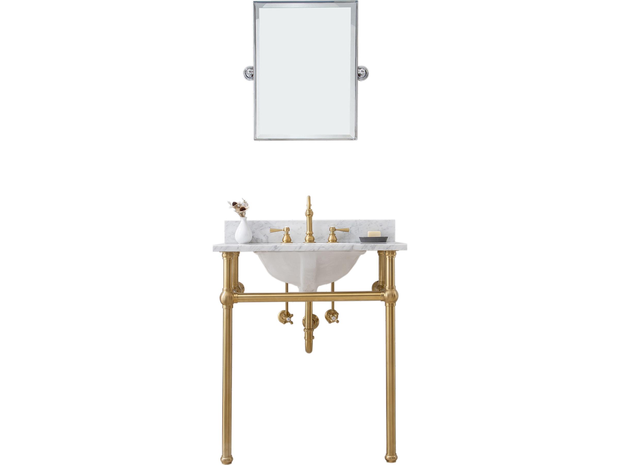 Water Creation Embassy Single Wash Stand, P-Trap, Carrara White Marble Countertop with Oval Basin, Hook Faucet and Rectangular Mirror in Satin Gold Finish