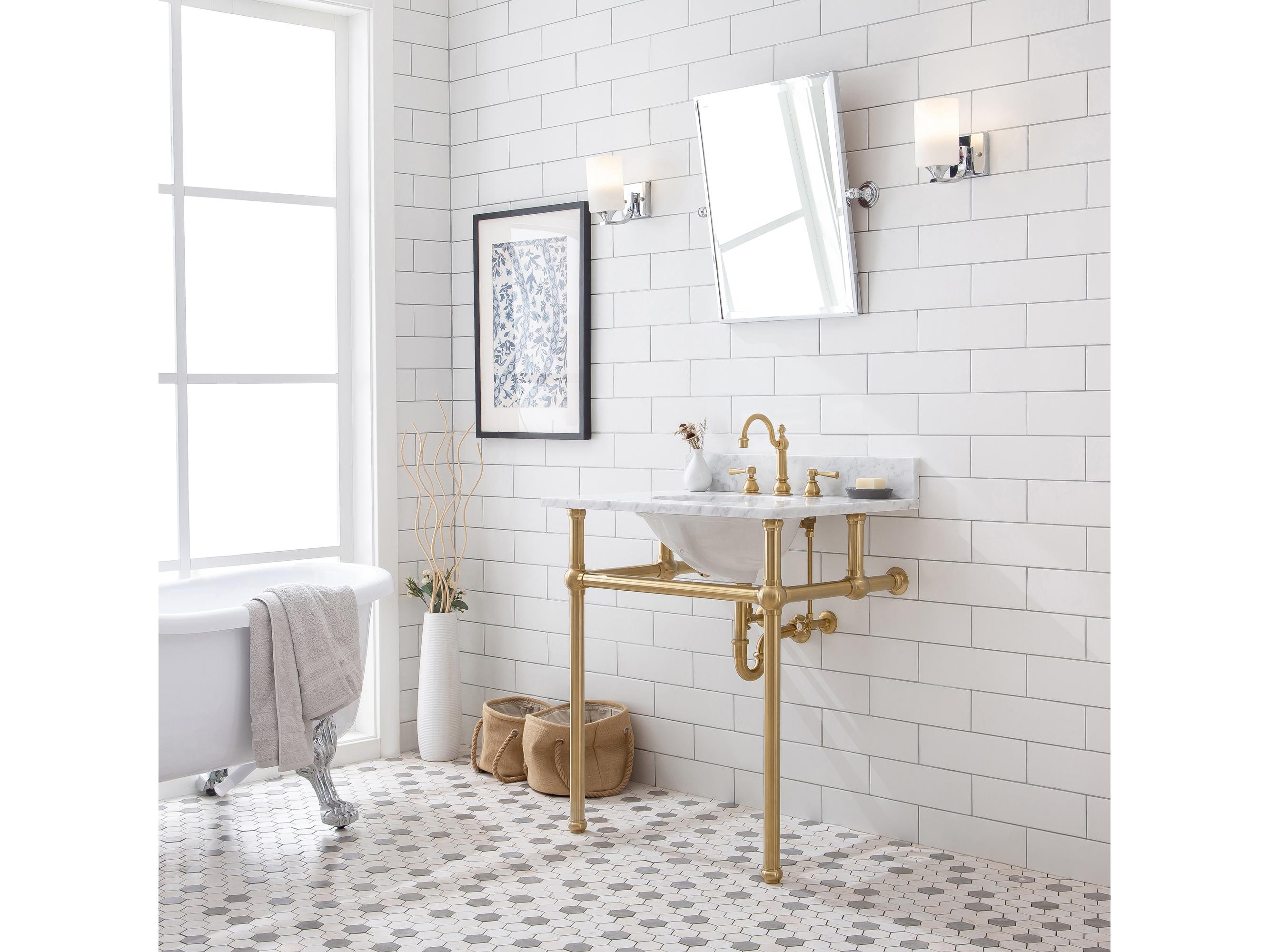 Water Creation Embassy Single Wash Stand, P-Trap, Carrara White Marble Countertop with Oval Basin, Hook Faucet and Rectangular Mirror in Satin Gold Finish