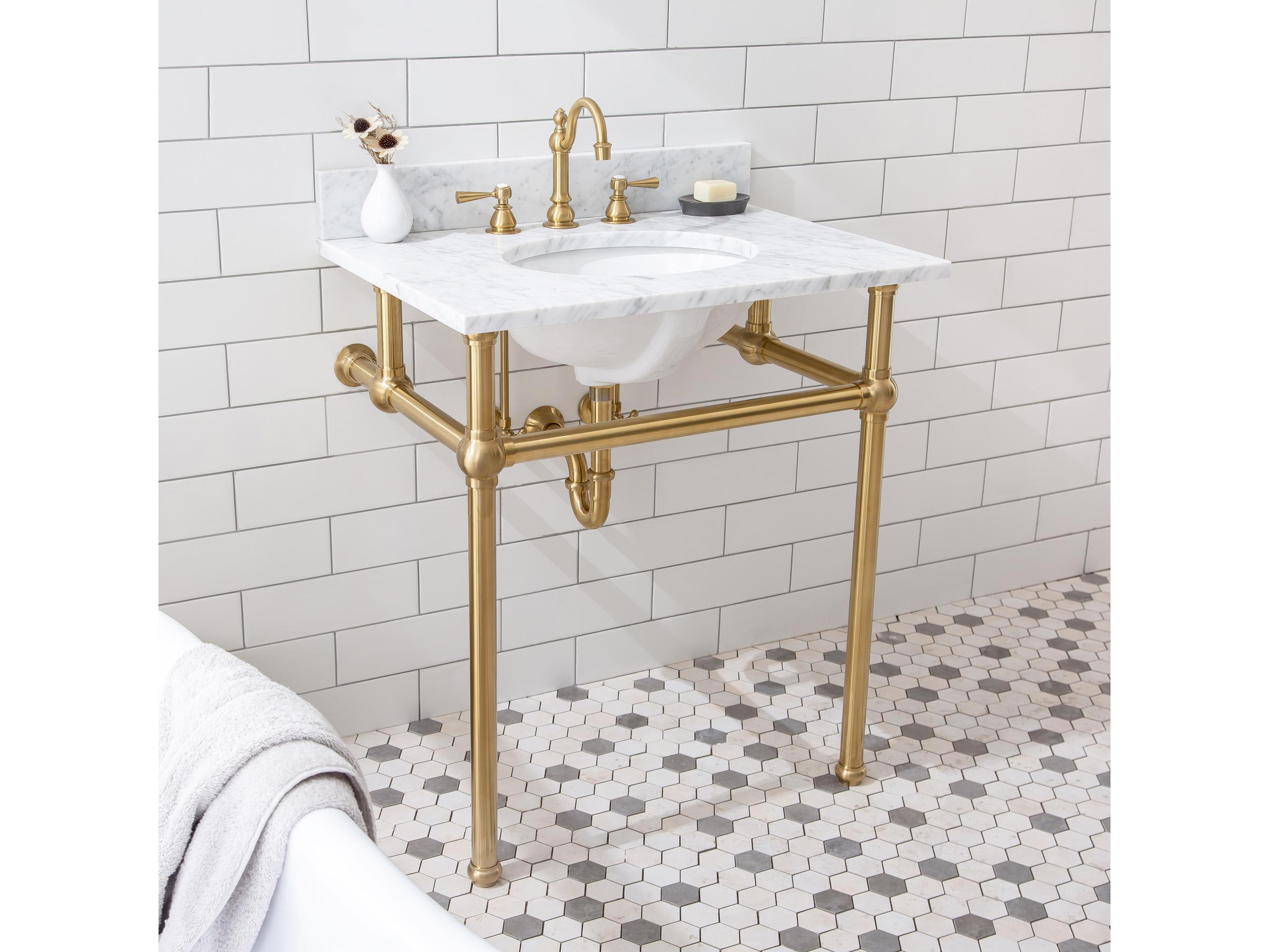 Water Creation Embassy Single Wash Stand, P-Trap, Carrara White Marble Countertop with Oval Basin, Hook Faucet and Rectangular Mirror in Satin Gold Finish