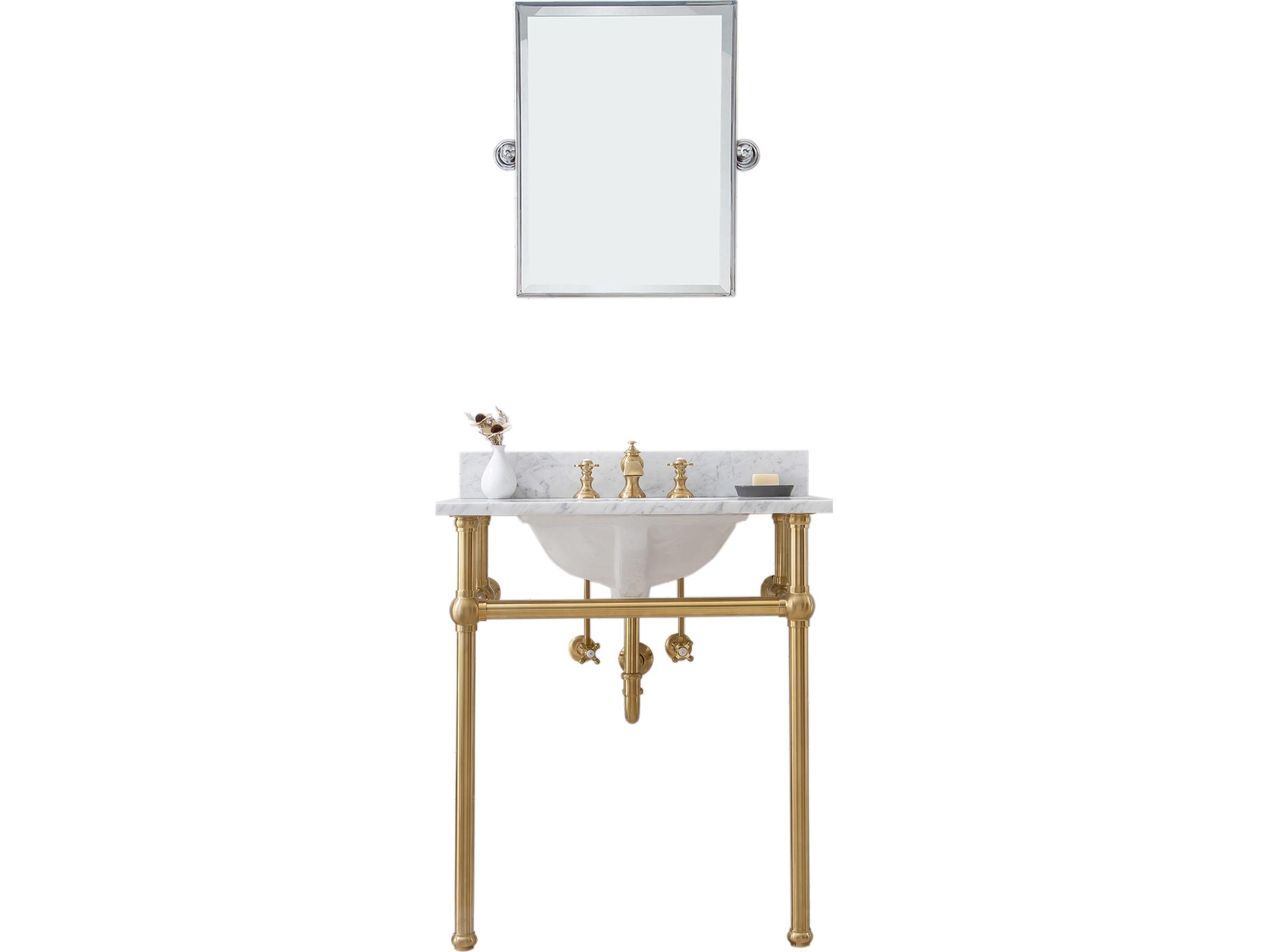 Water Creation Embassy Single Wash Stand, P-Trap, Carrara White Marble Countertop with Oval Basin, Waterfall Faucet and Rectangular Mirror in Satin Gold Finish