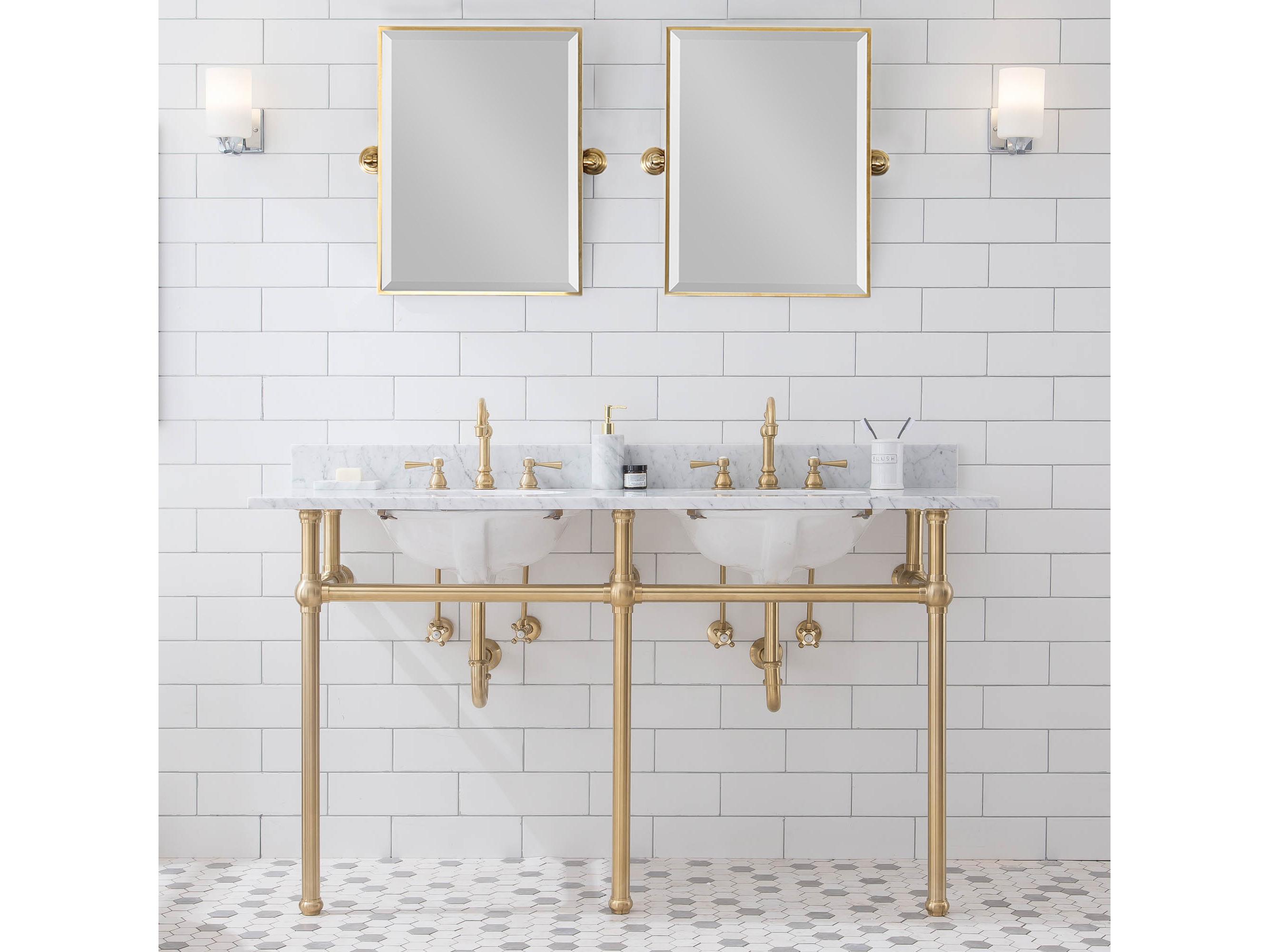 Water Creation Embassy Double Wash Stand, P-Trap, and Carrara White Marble Countertop with Oval Basins in Satin Gold Finish