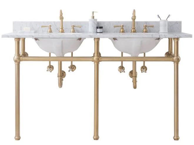 Water Creation Embassy Double Wash Stand, P-Trap, and Carrara White Marble Countertop with Oval Basins in Satin Gold Finish