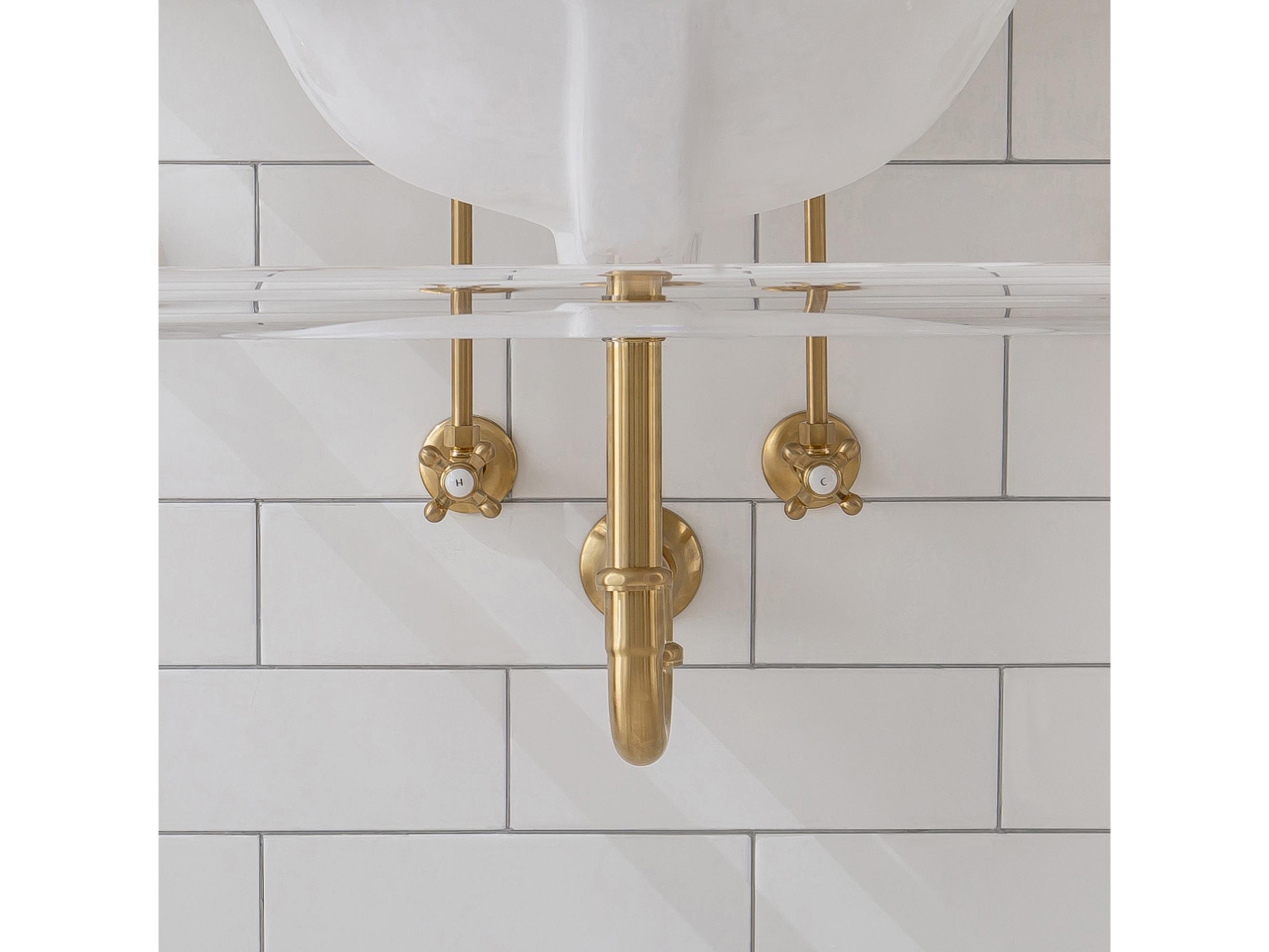 Water Creation Embassy Double Wash Stand, P-Trap, and Carrara White Marble Countertop with Oval Basins in Satin Gold Finish