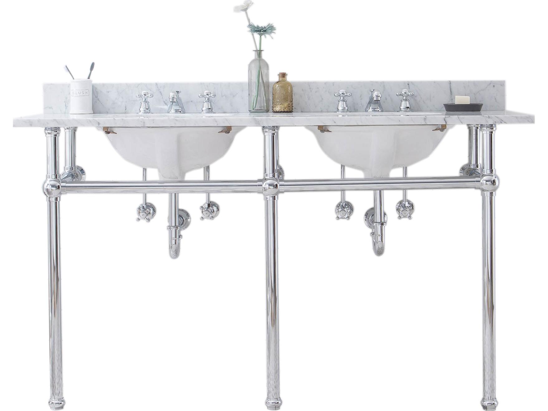 Water Creation Embassy Double Wash Stand, P-Trap, Carrara White Marble Countertop with Oval Basins, and Classic Faucets in Chrome Finish