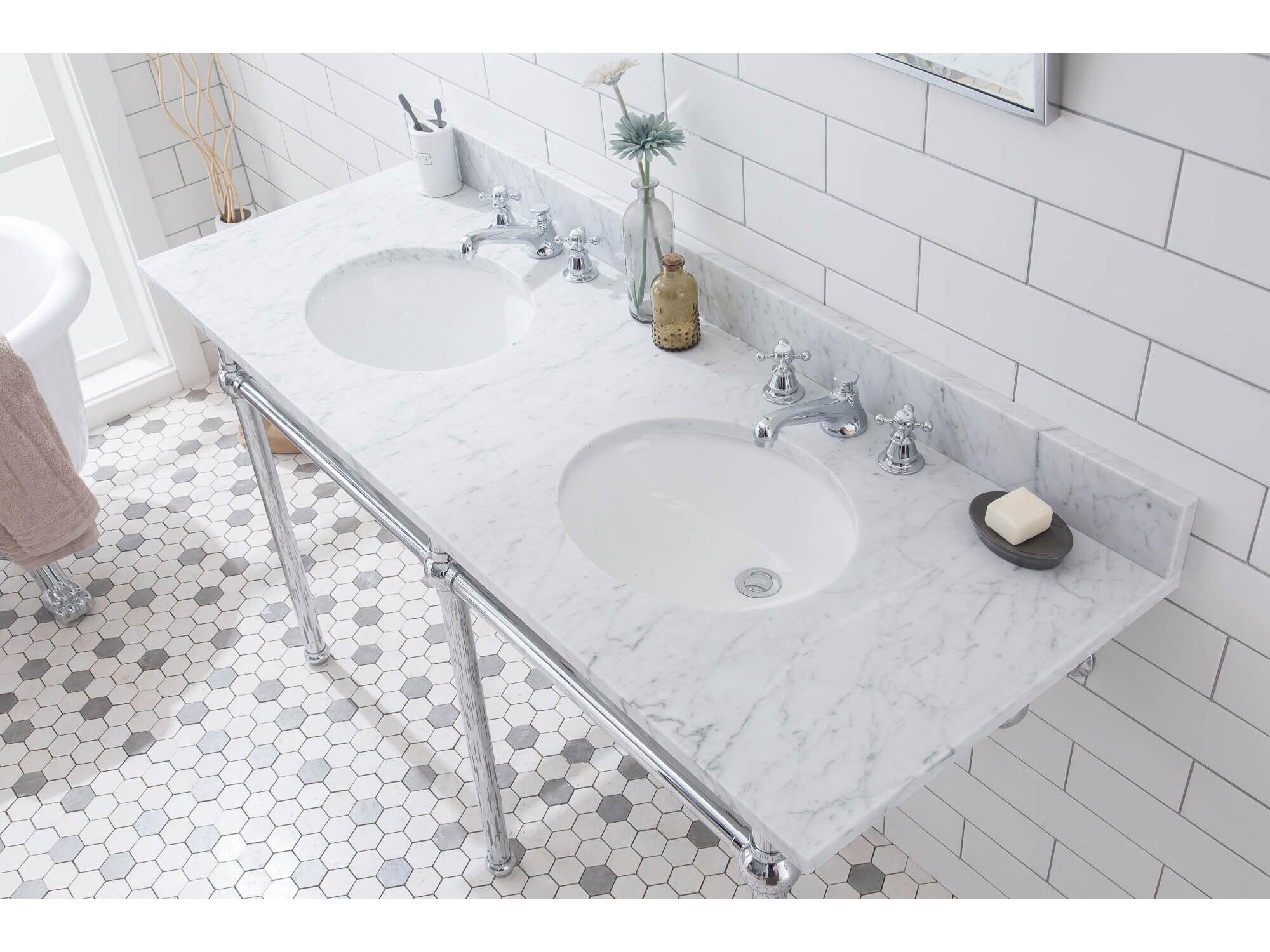 Water Creation Embassy Double Wash Stand, P-Trap, Carrara White Marble Countertop with Oval Basins, and Classic Faucets in Chrome Finish