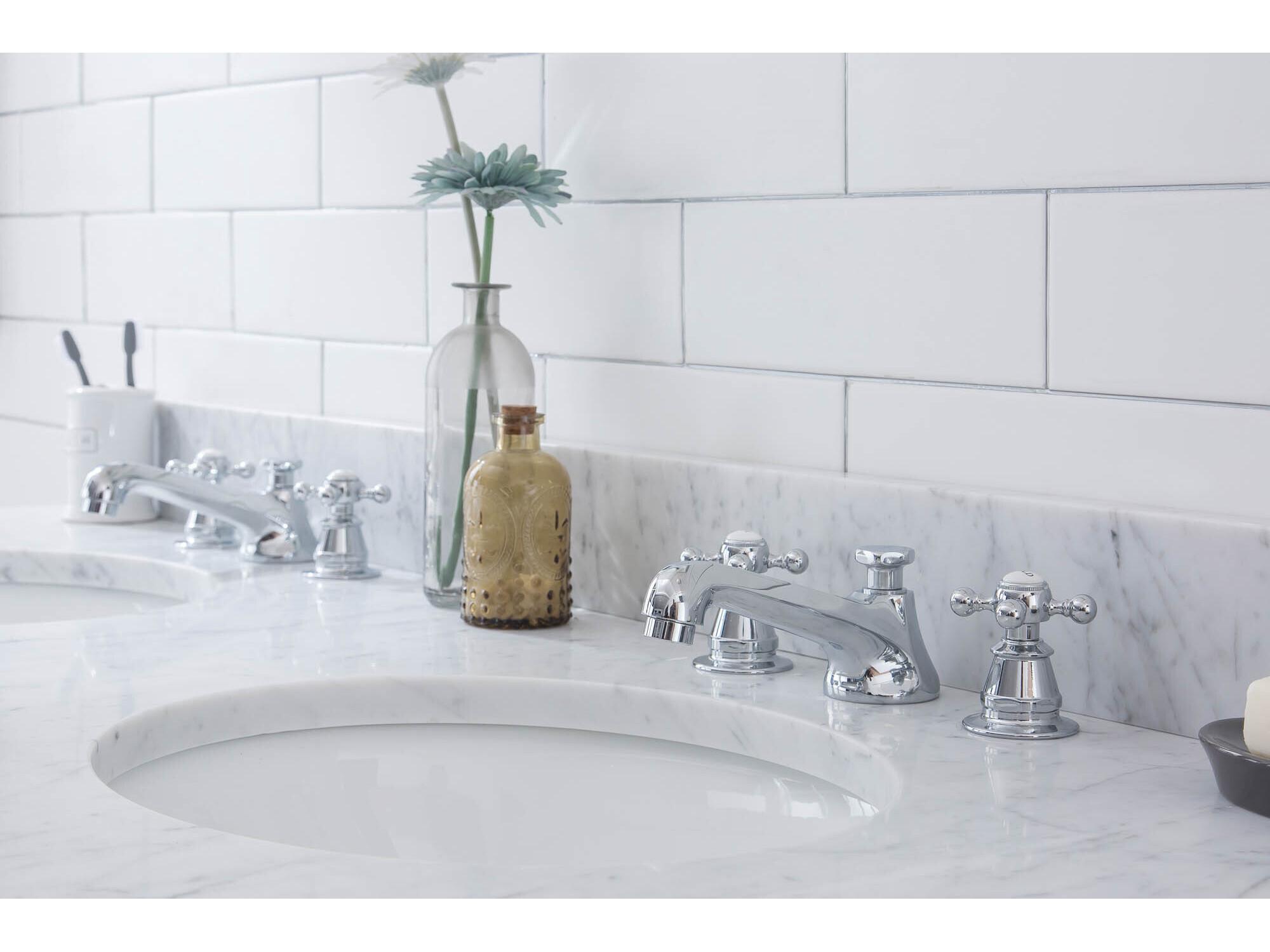 Water Creation Embassy Double Wash Stand, P-Trap, Carrara White Marble Countertop with Oval Basins, and Classic Faucets in Chrome Finish