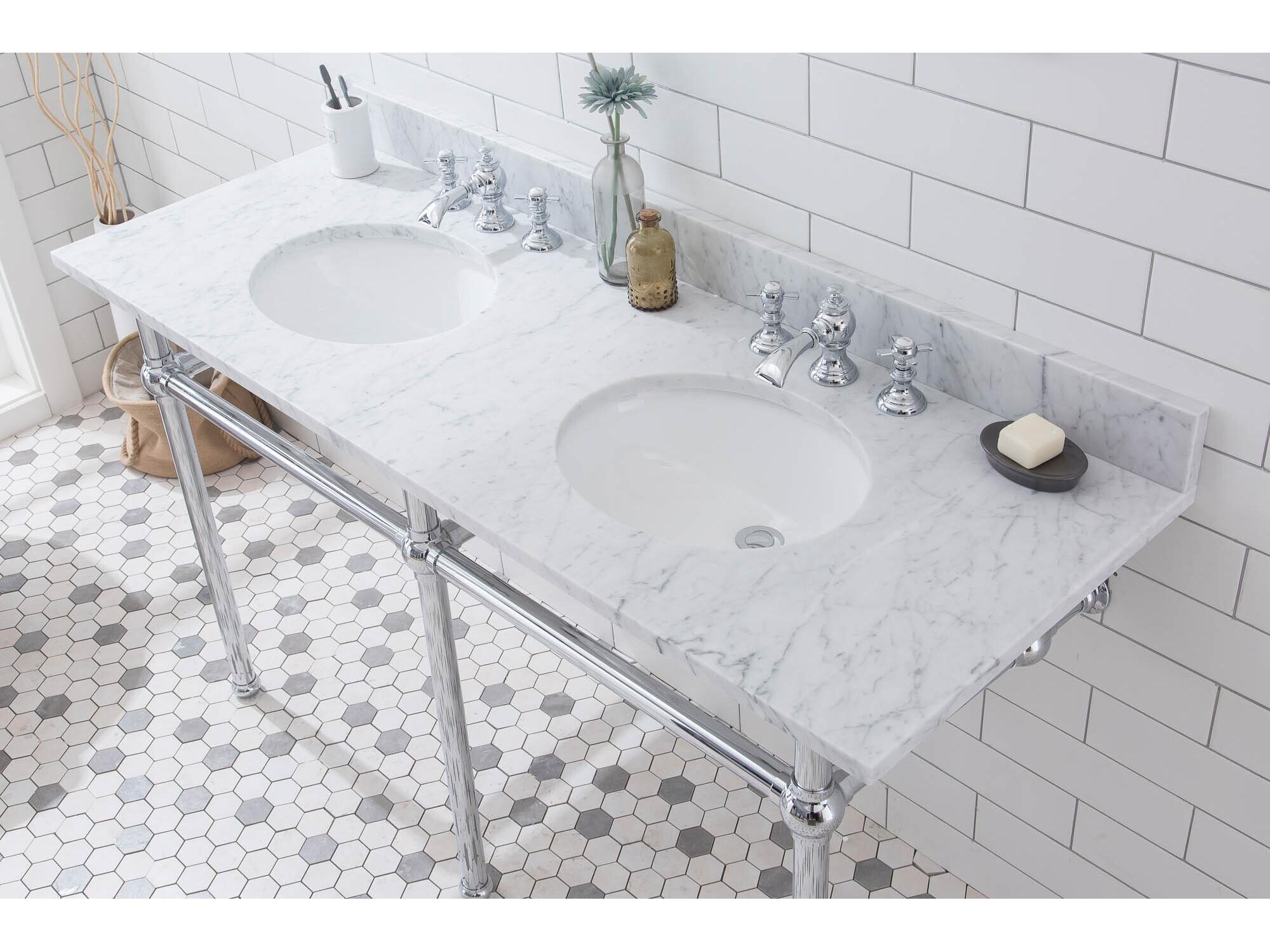 Water Creation Embassy Double Wash Stand, P-Trap, Carrara White Marble Countertop with Oval Basins, and Waterfall Faucets in Chrome Finish