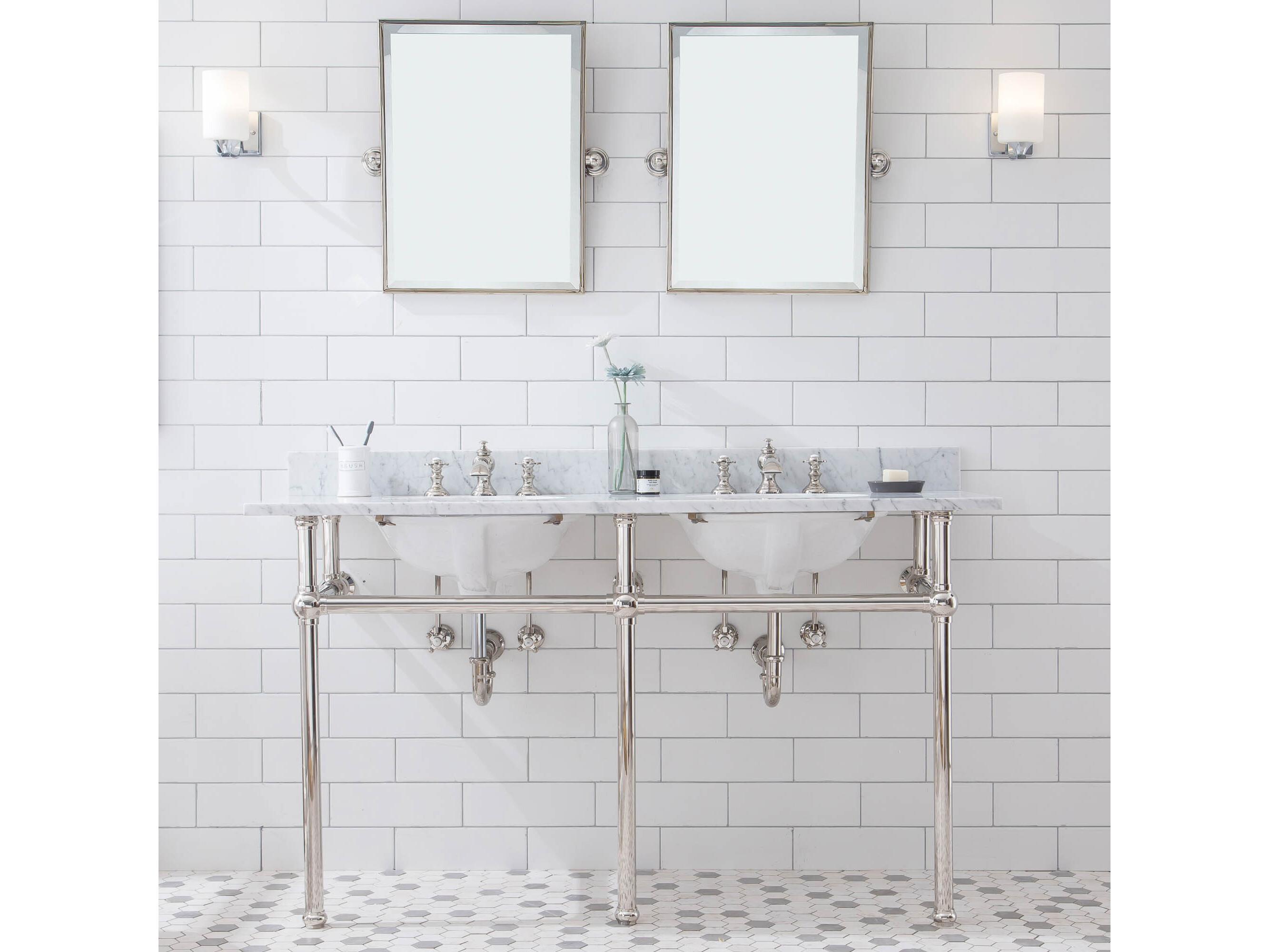 Water Creation Embassy Double Wash Stand, P-Trap, Carrara White Marble Countertop with Oval Basins, and Waterfall Faucets in Polished Nickel (PVD) Finish