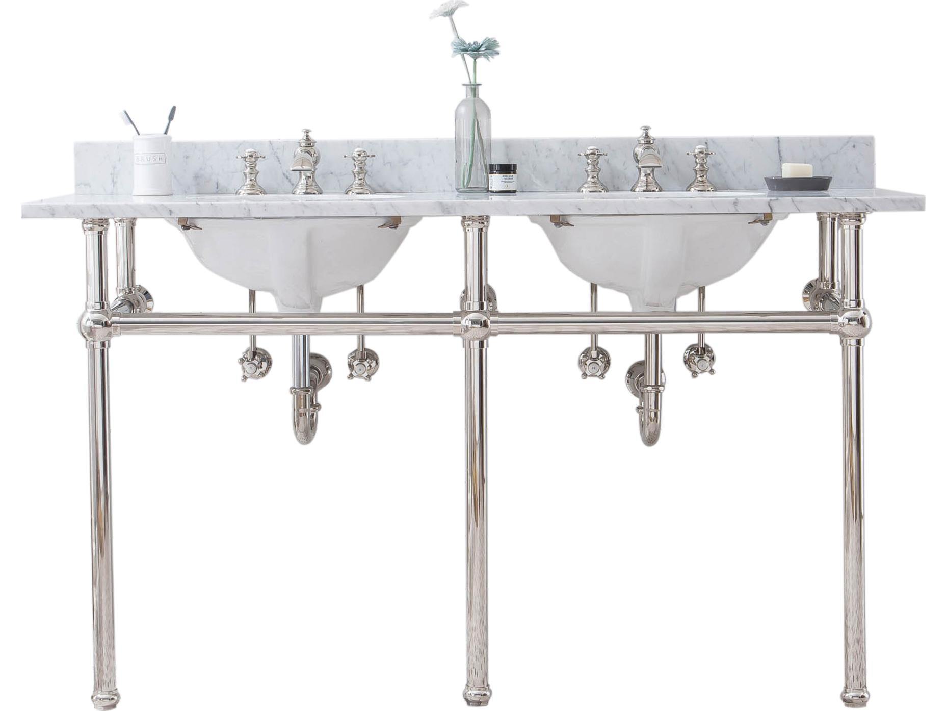 Water Creation Embassy Double Wash Stand, P-Trap, Carrara White Marble Countertop with Oval Basins, and Waterfall Faucets in Polished Nickel (PVD) Finish