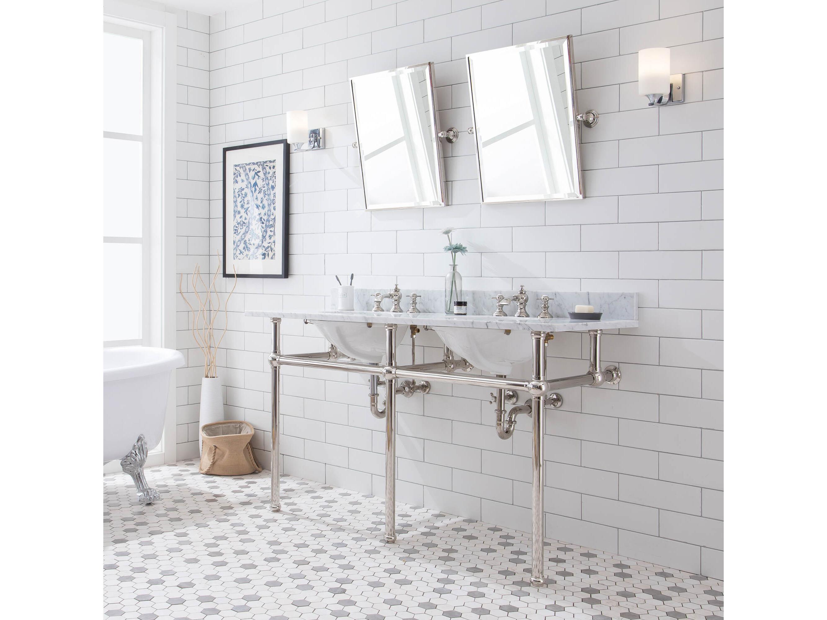 Water Creation Embassy Double Wash Stand, P-Trap, Carrara White Marble Countertop with Oval Basins, and Waterfall Faucets in Polished Nickel (PVD) Finish