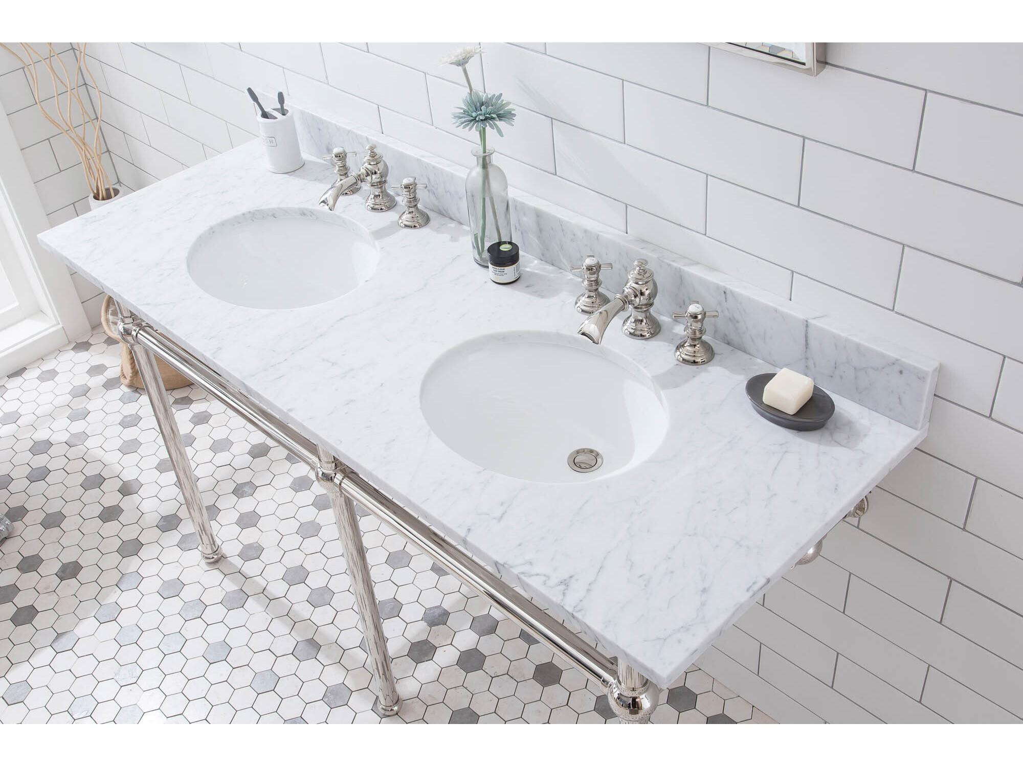 Water Creation Embassy Double Wash Stand, P-Trap, Carrara White Marble Countertop with Oval Basins, and Waterfall Faucets in Polished Nickel (PVD) Finish