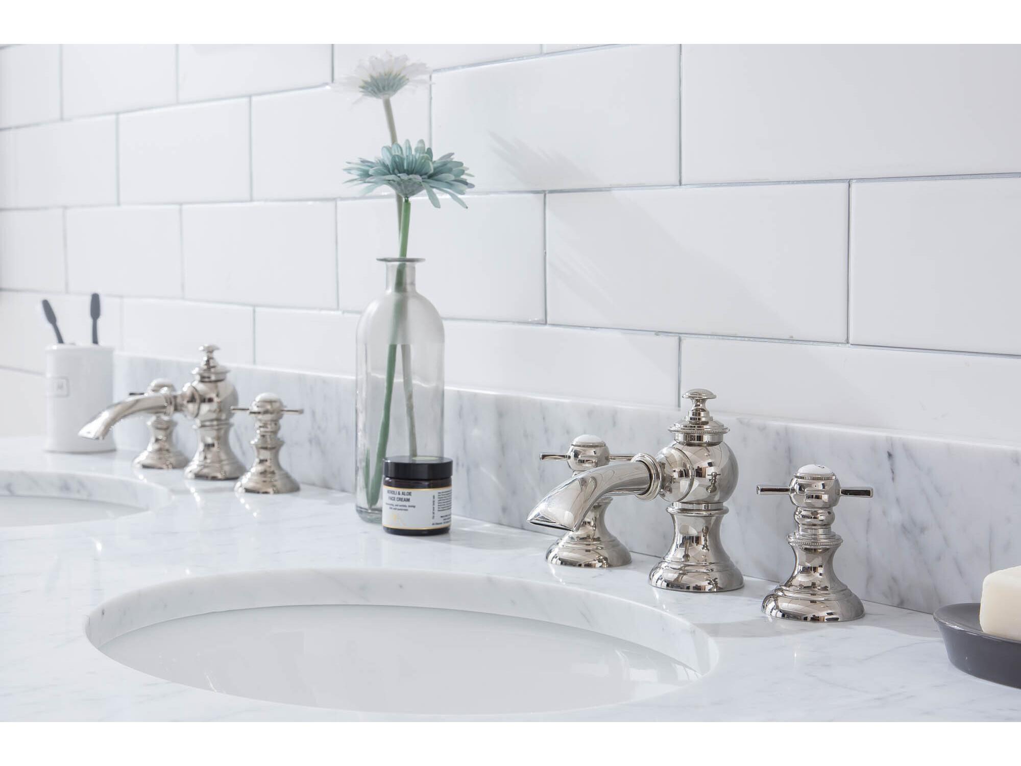 Water Creation Embassy Double Wash Stand, P-Trap, Carrara White Marble Countertop with Oval Basins, and Waterfall Faucets in Polished Nickel (PVD) Finish