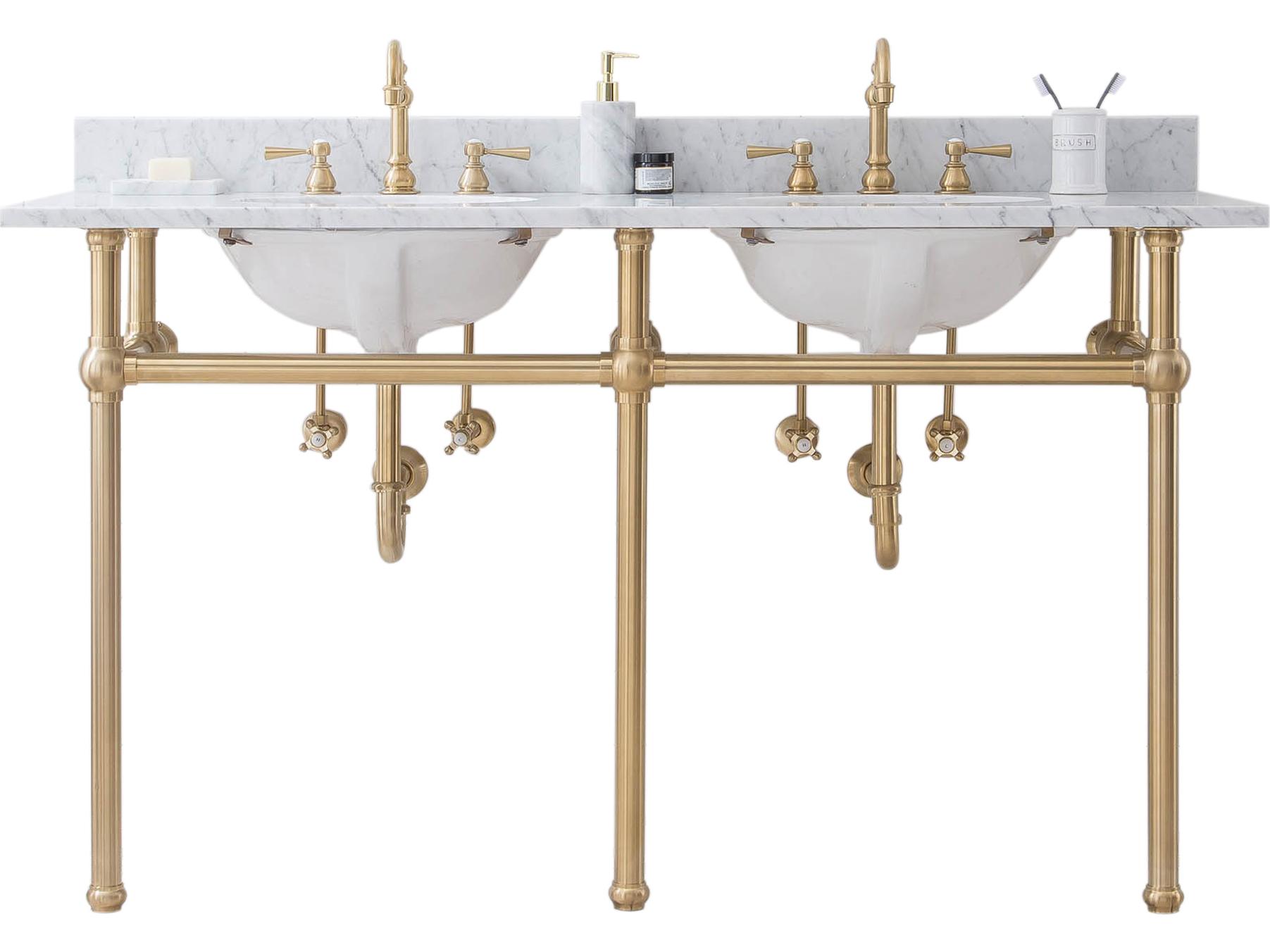 Water Creation Embassy Double Wash Stand, P-Trap, Carrara White Marble Countertop with Oval Basins, and Hook Faucets in Satin Gold Finish