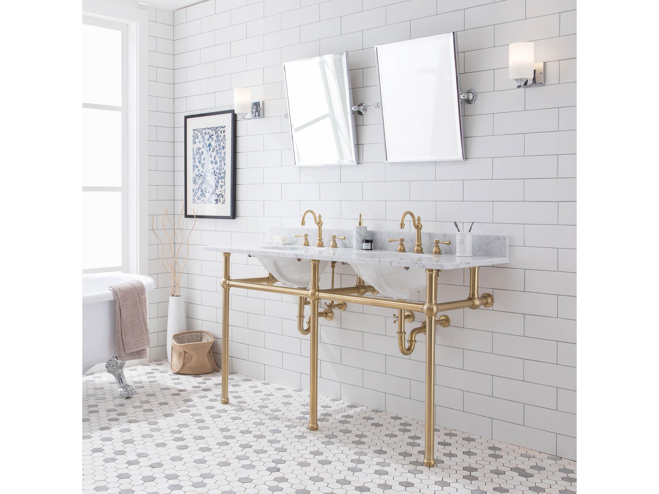 Water Creation Embassy Double Wash Stand, P-Trap, Carrara White Marble Countertop with Oval Basins, and Hook Faucets in Satin Gold Finish
