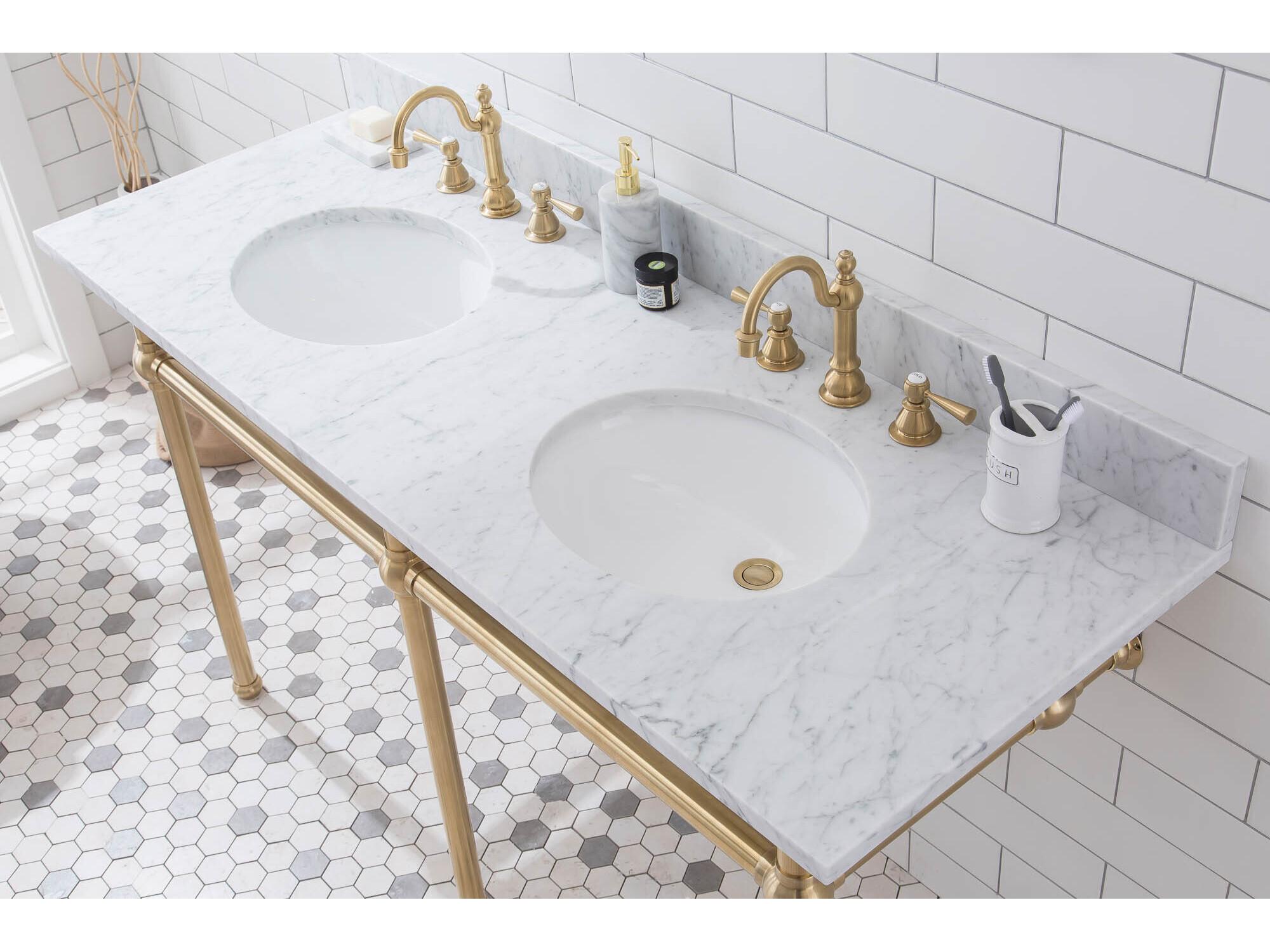 Water Creation Embassy Double Wash Stand, P-Trap, Carrara White Marble Countertop with Oval Basins, and Hook Faucets in Satin Gold Finish