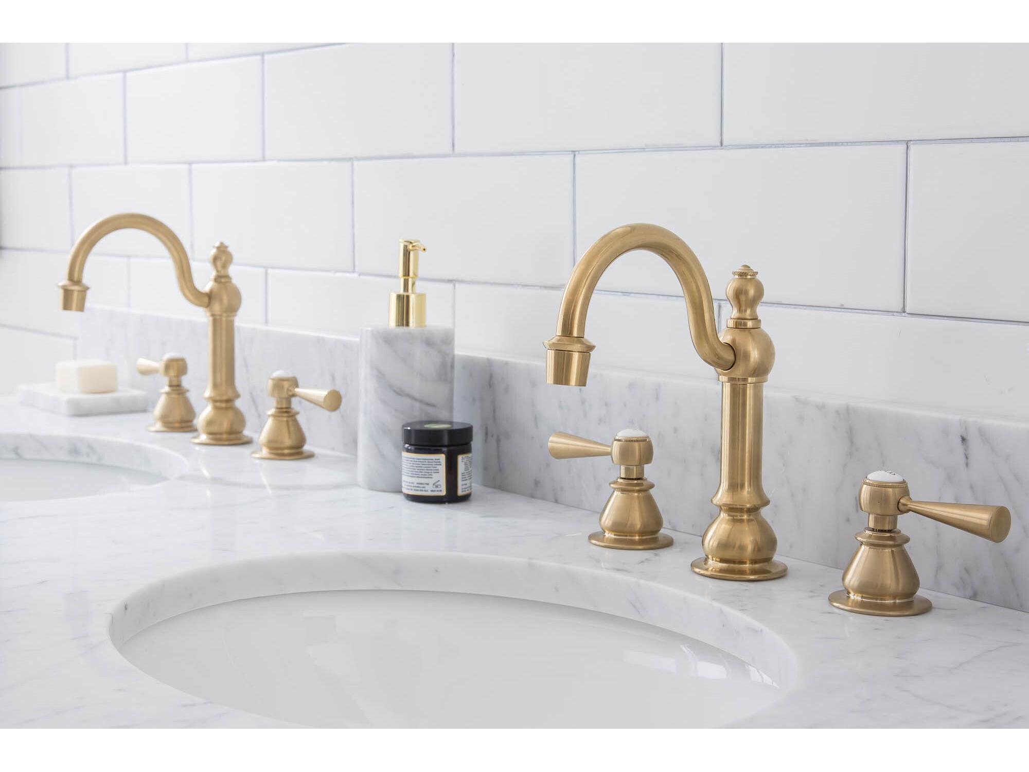 Water Creation Embassy Double Wash Stand, P-Trap, Carrara White Marble Countertop with Oval Basins, and Hook Faucets in Satin Gold Finish