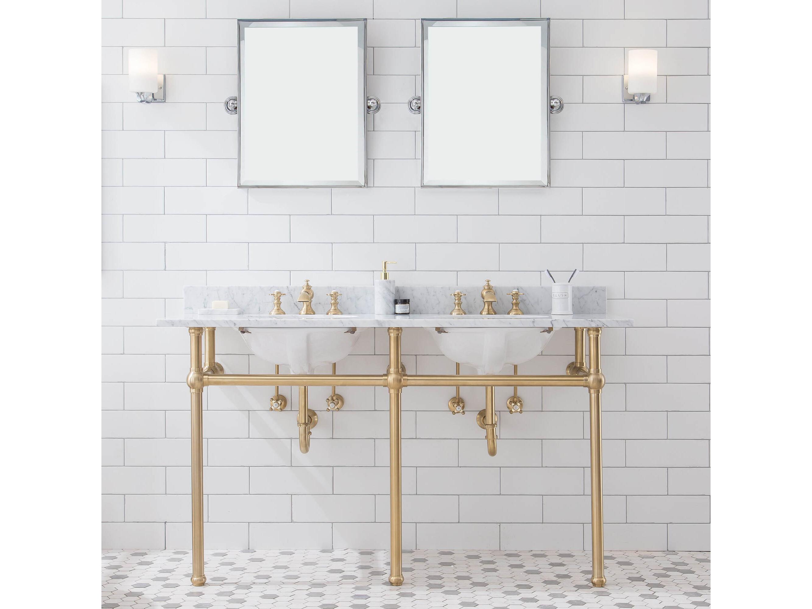 Water Creation Embassy Double Wash Stand, P-Trap, Carrara White Marble Countertop with Oval Basins, and Waterfall Faucets in Satin Gold Finish