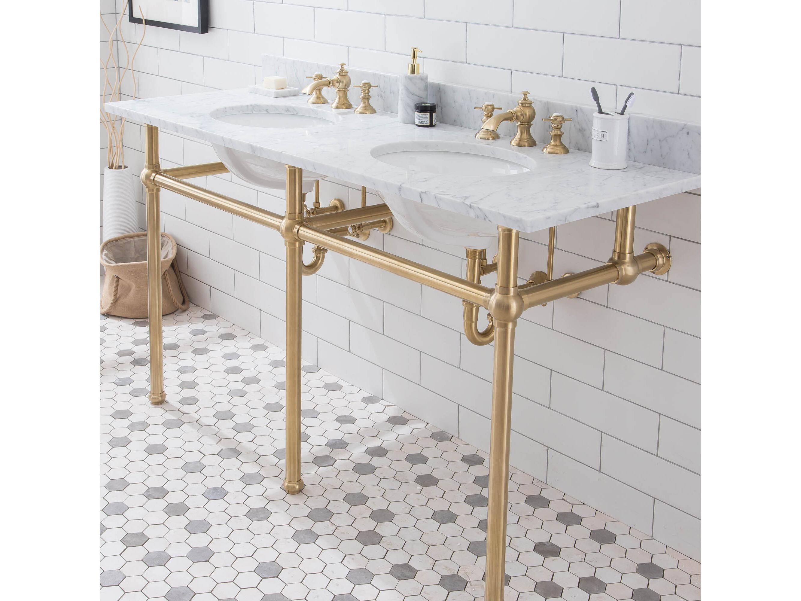 Water Creation Embassy Double Wash Stand, P-Trap, Carrara White Marble Countertop with Oval Basins, and Waterfall Faucets in Satin Gold Finish