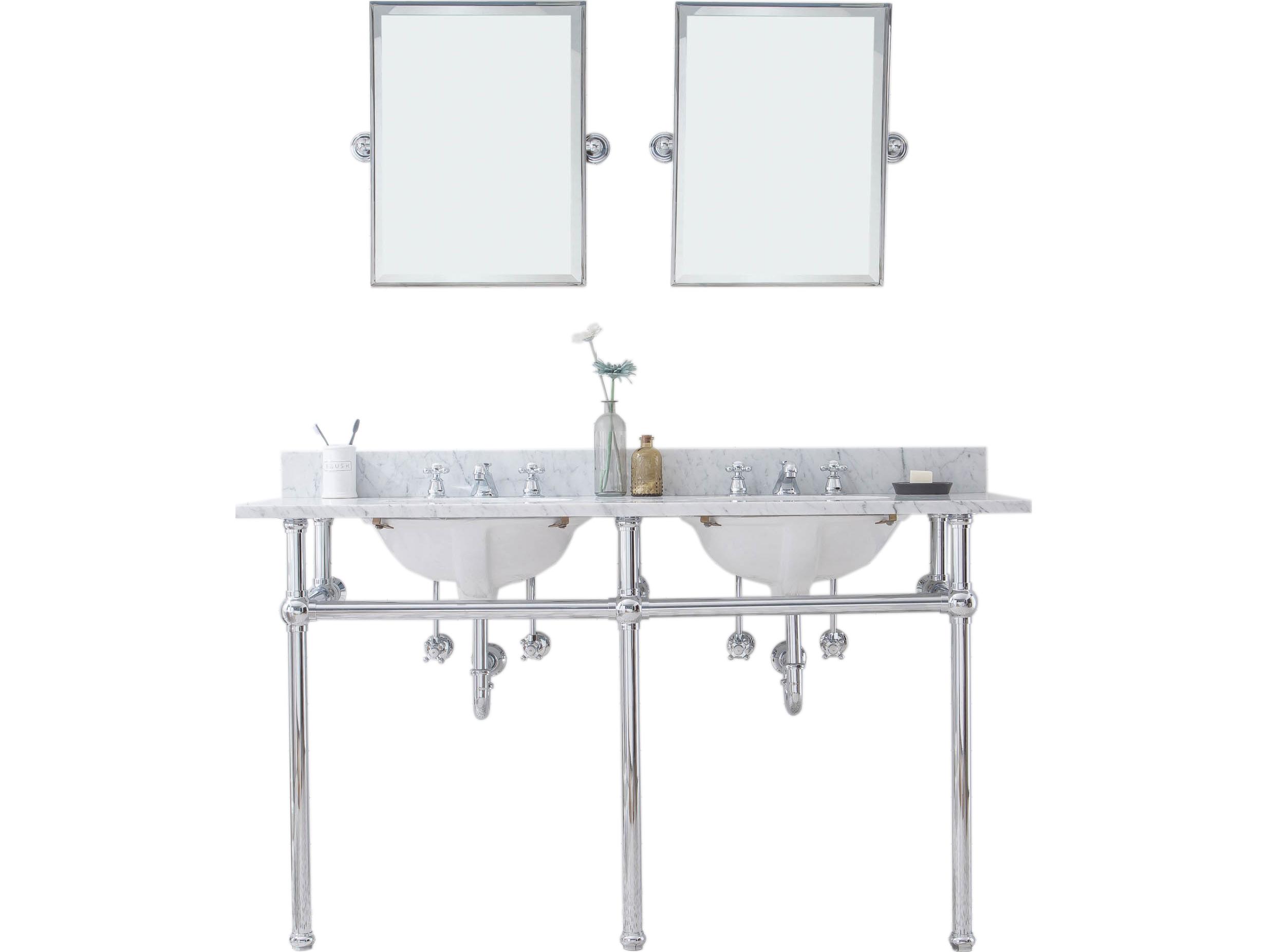 Water Creation Embassy Double Wash Stand, P-Trap, Carrara White Marble Countertop with Oval Basins, Classic Faucets and Rectangular Mirrors in Chrome Finish