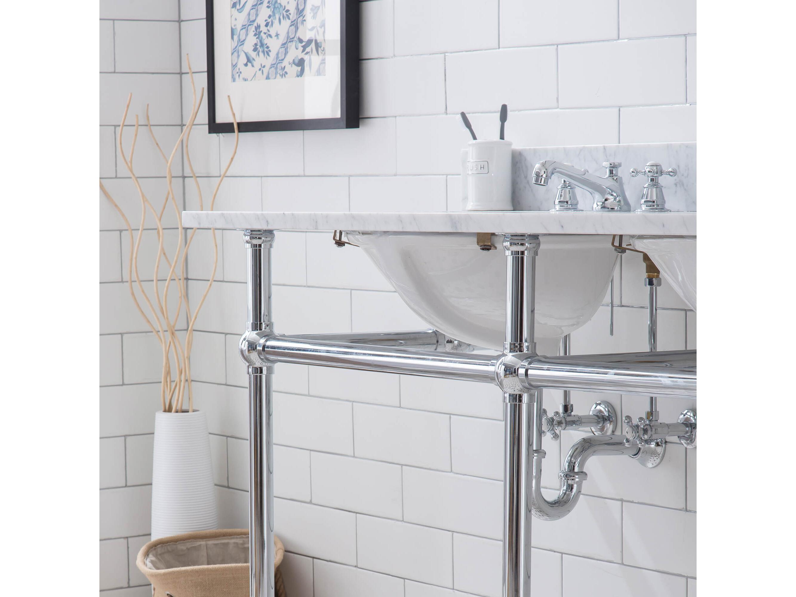 Water Creation Embassy Double Wash Stand, P-Trap, Carrara White Marble Countertop with Oval Basins, Classic Faucets and Rectangular Mirrors in Chrome Finish