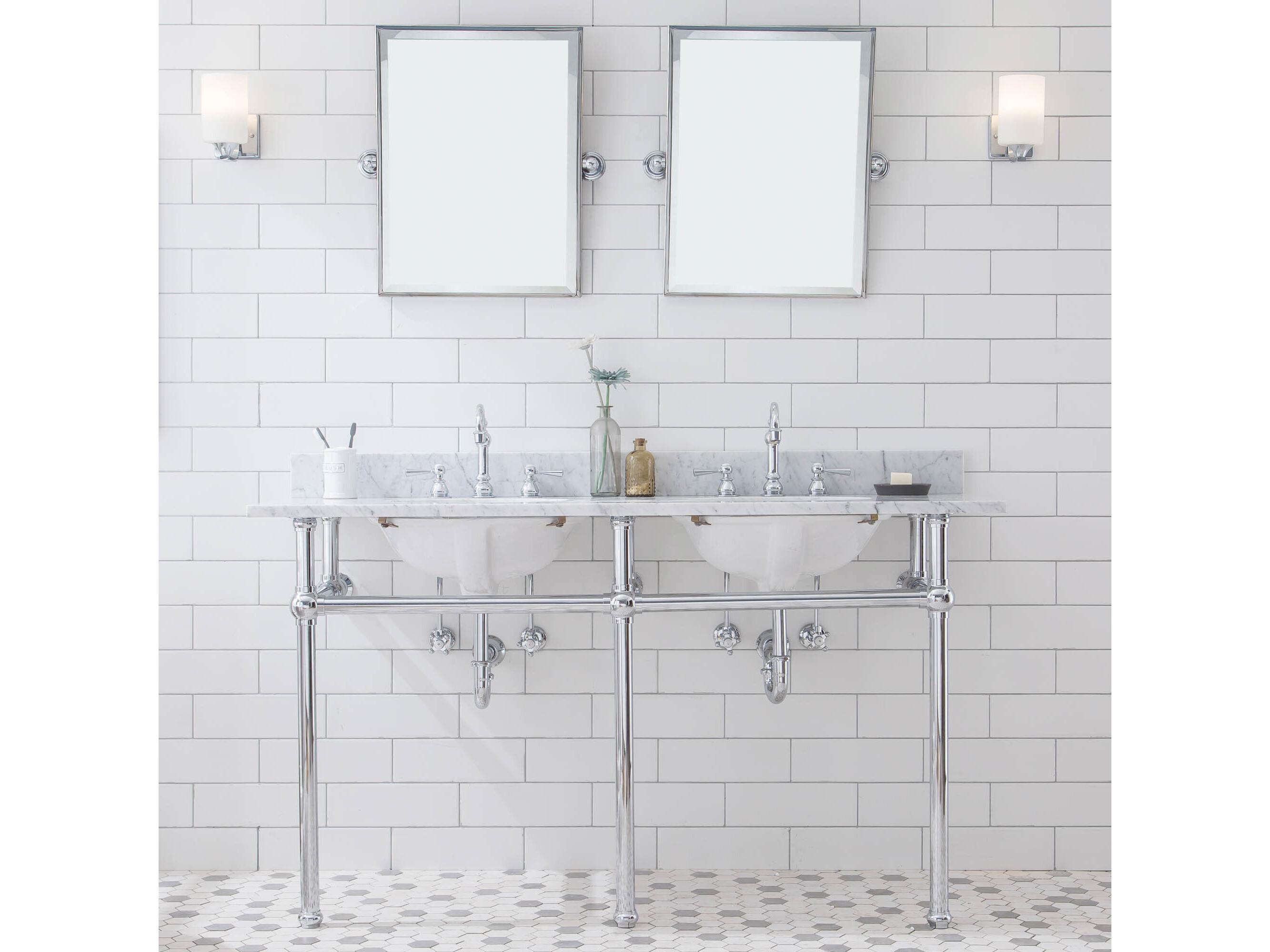 Water Creation Embassy Double Wash Stand, P-Trap, Carrara White Marble Countertop with Oval Basins, Hook Faucets and Rectangular Mirrors in Chrome Finish