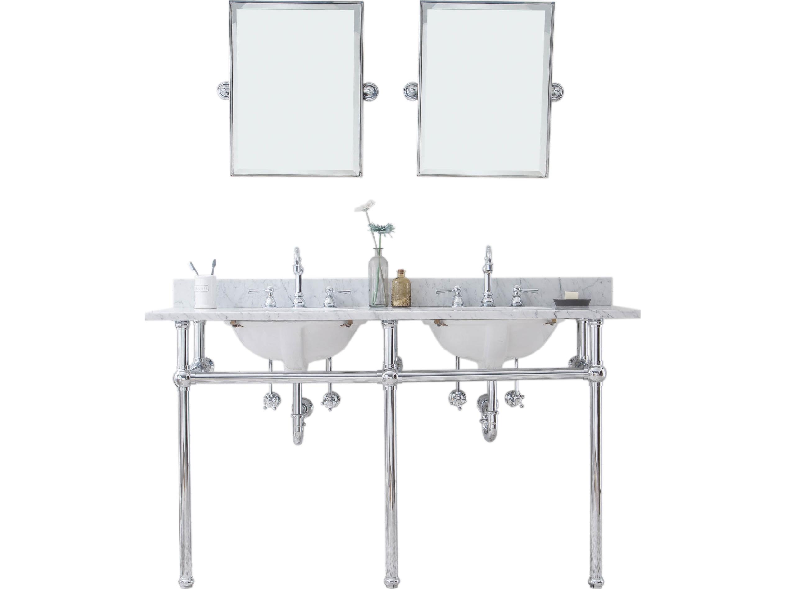 Water Creation Embassy Double Wash Stand, P-Trap, Carrara White Marble Countertop with Oval Basins, Hook Faucets and Rectangular Mirrors in Chrome Finish