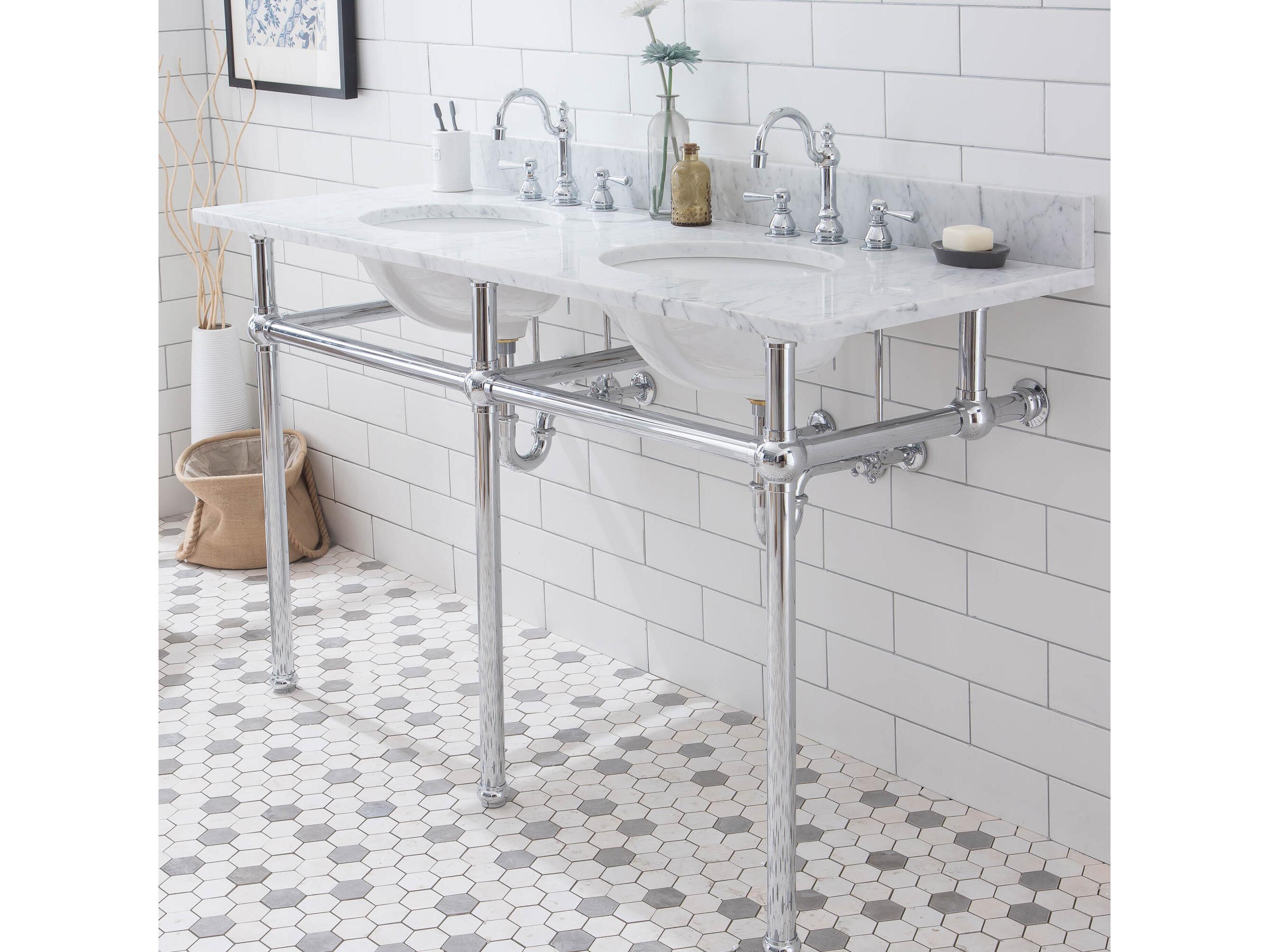 Water Creation Embassy Double Wash Stand, P-Trap, Carrara White Marble Countertop with Oval Basins, Hook Faucets and Rectangular Mirrors in Chrome Finish