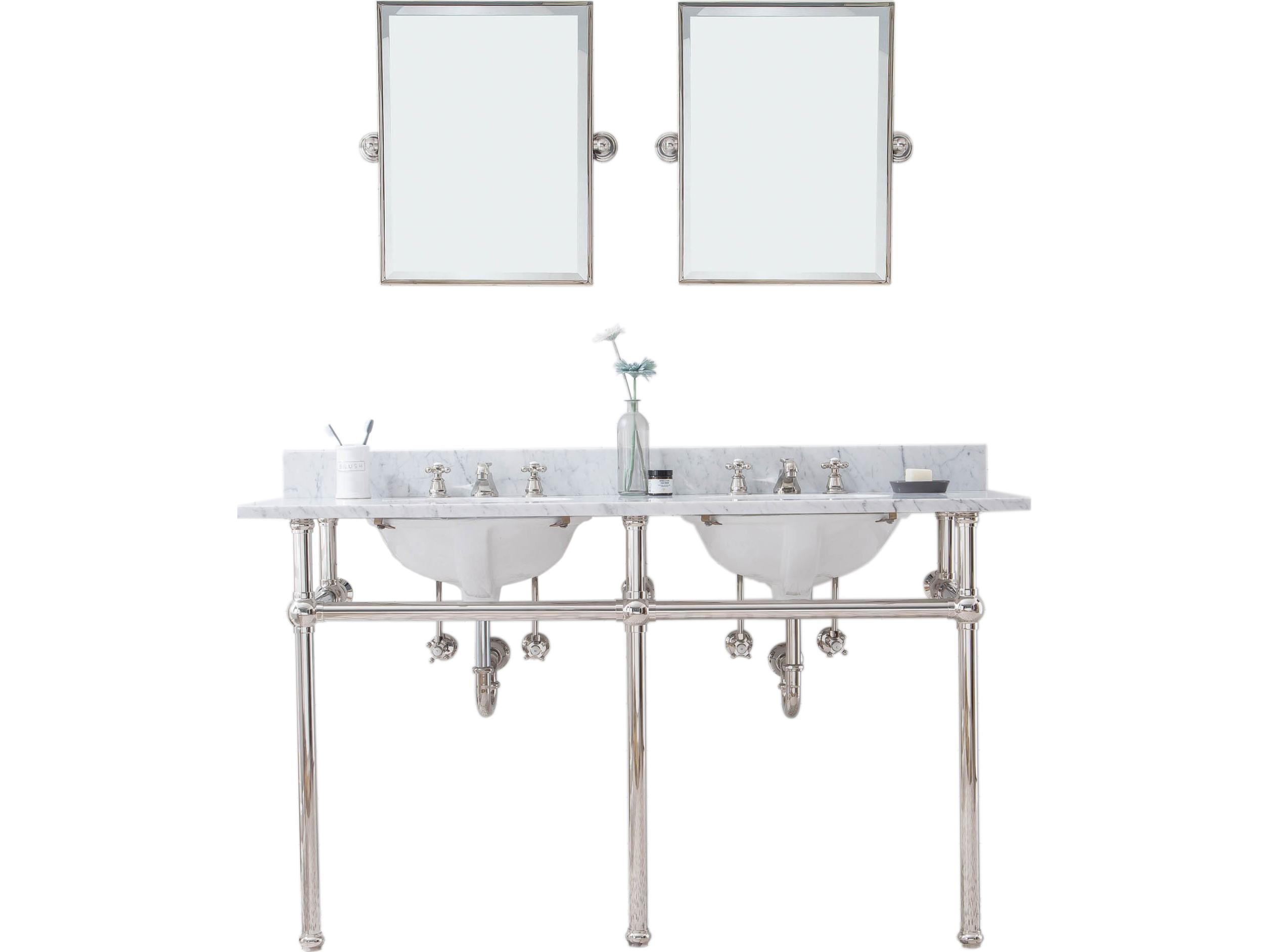Water Creation Embassy Double Wash Stand, P-Trap, Carrara White Marble Countertop with Oval Basins, Classic Faucets and Rectangular Mirrors in Polished Nickel  Finish