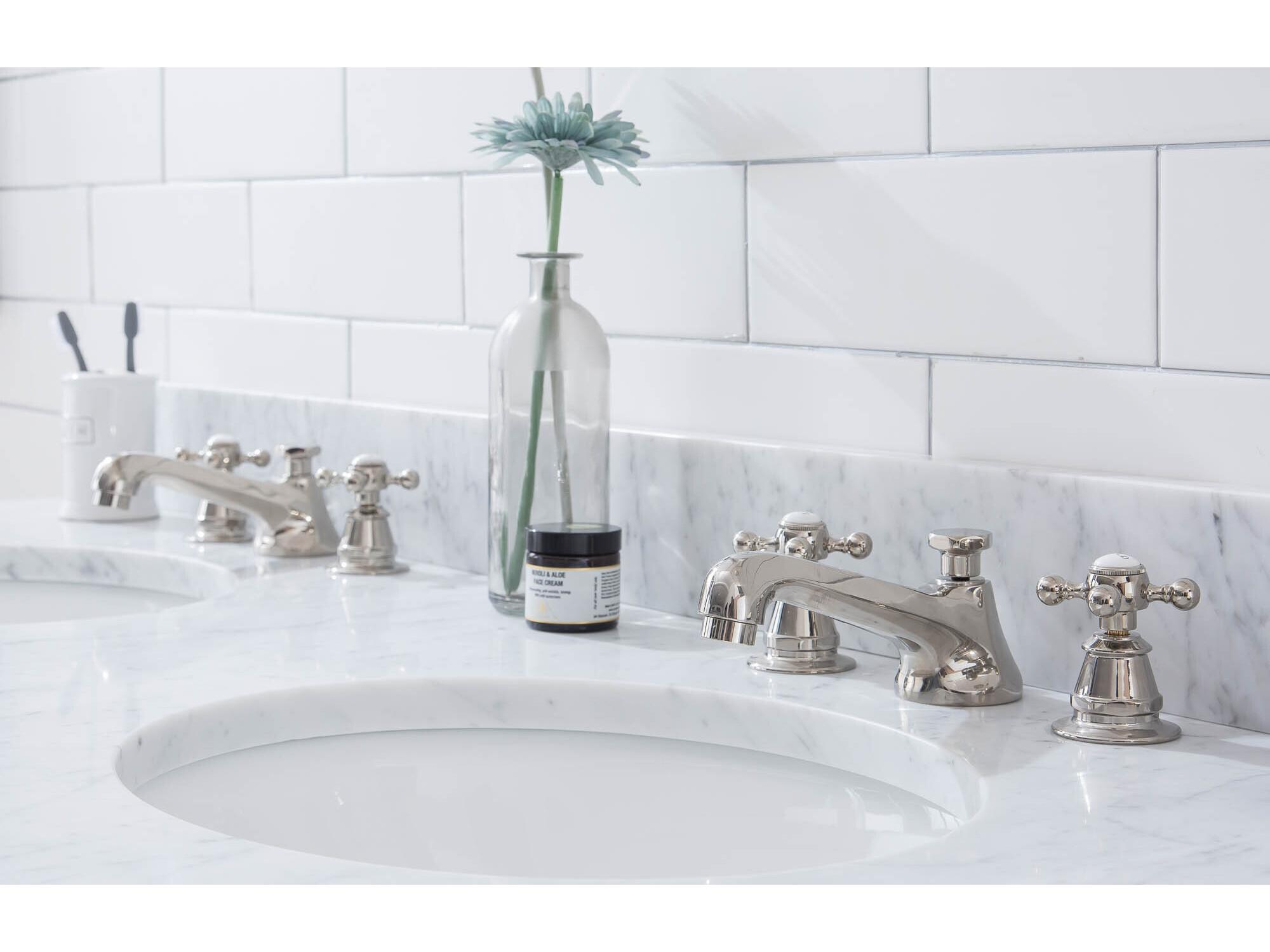Water Creation Embassy Double Wash Stand, P-Trap, Carrara White Marble Countertop with Oval Basins, Classic Faucets and Rectangular Mirrors in Polished Nickel  Finish