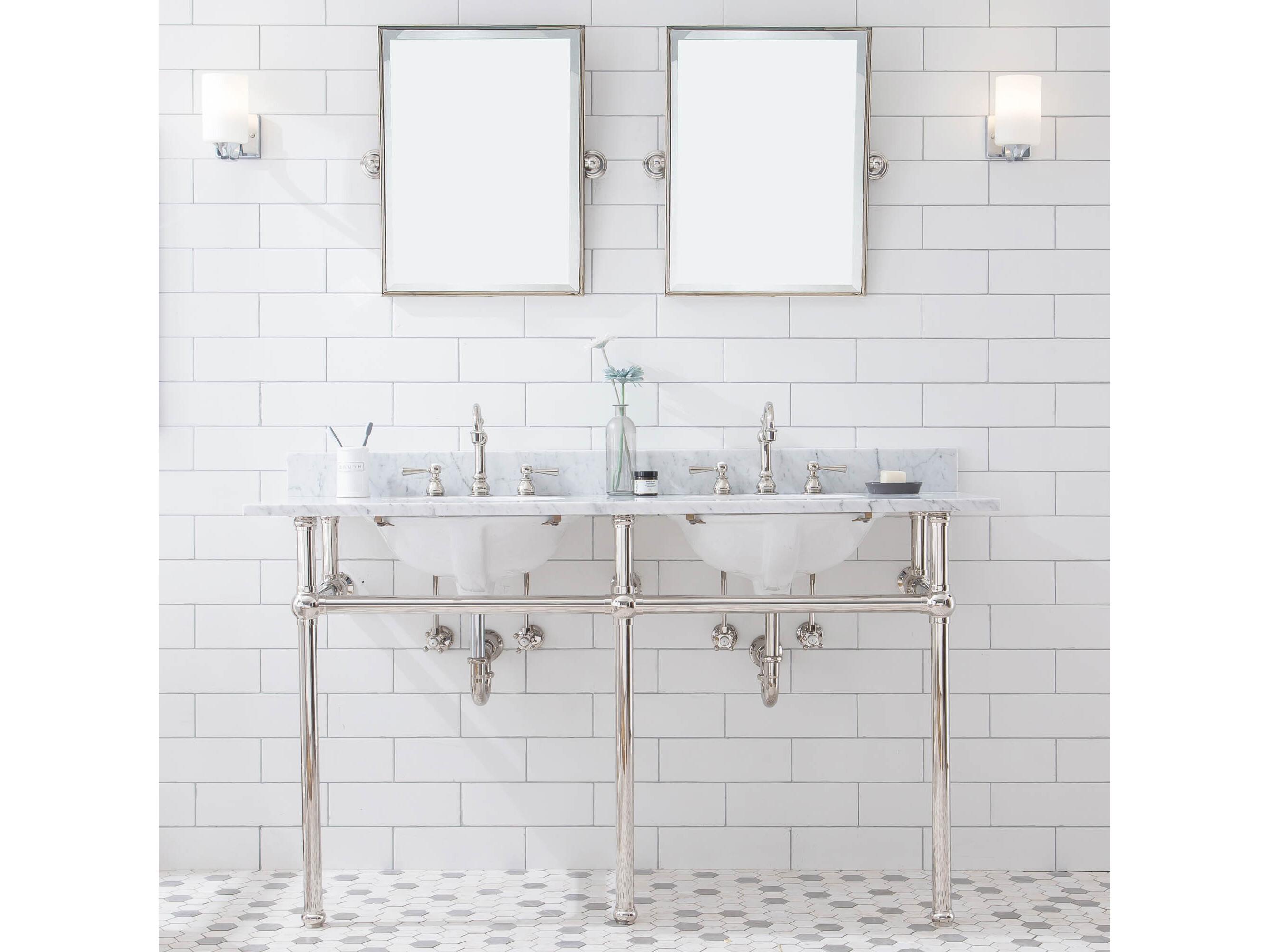 Water Creation Embassy Double Wash Stand, P-Trap, Carrara White Marble Countertop with Oval Basins, Hook Faucets and Rectangular Pivot Mirrors in Polished Nickel (PVD) Finish
