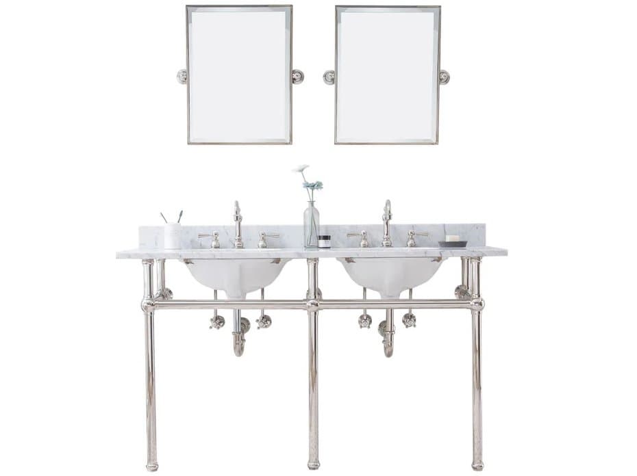 Water Creation Embassy Double Wash Stand, P-Trap, Carrara White Marble Countertop with Oval Basins, Hook Faucets and Rectangular Pivot Mirrors in Polished Nickel (PVD) Finish