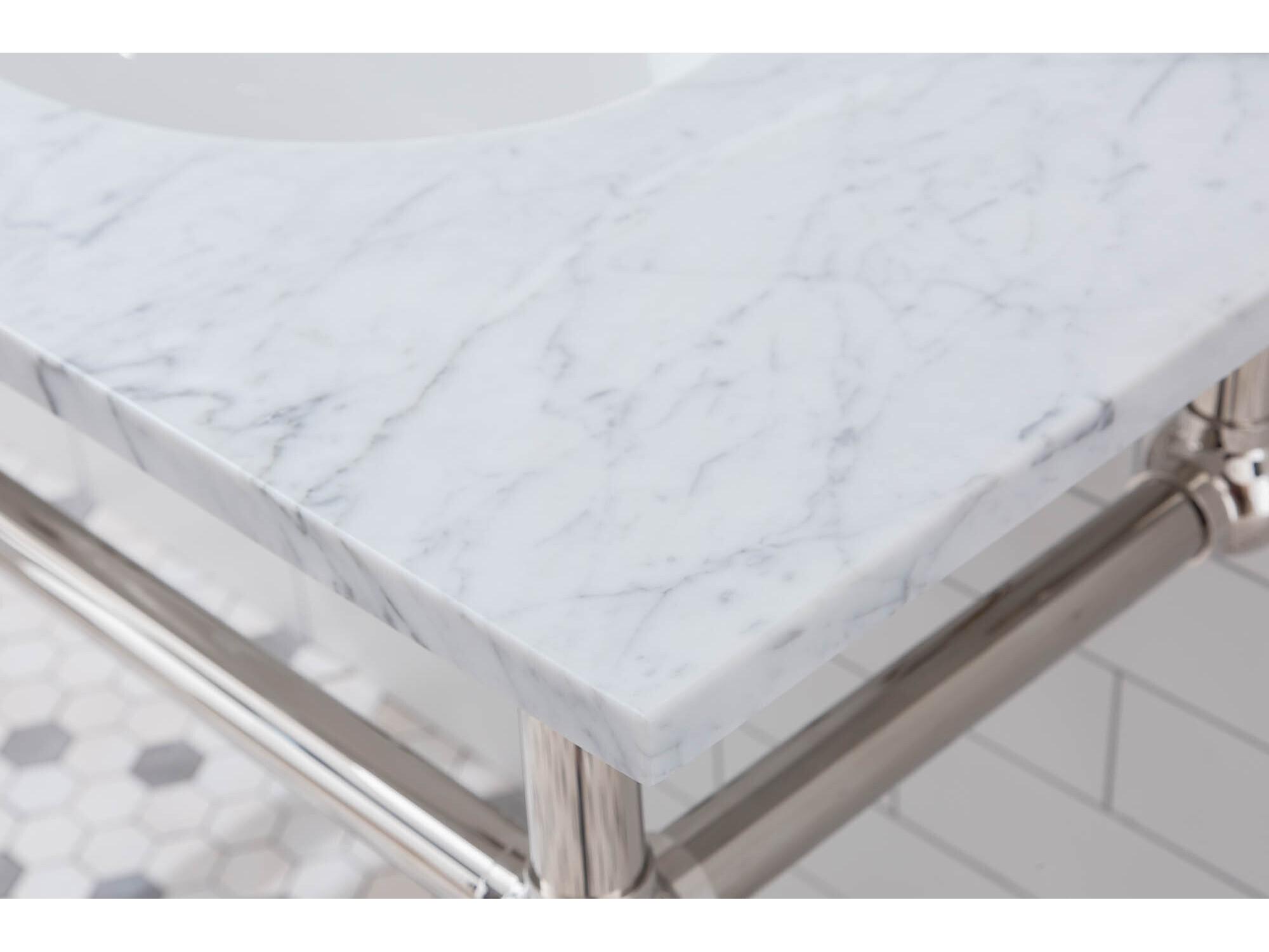 Water Creation Embassy Double Wash Stand, P-Trap, Carrara White Marble Countertop with Oval Basins, Hook Faucets and Rectangular Pivot Mirrors in Polished Nickel (PVD) Finish